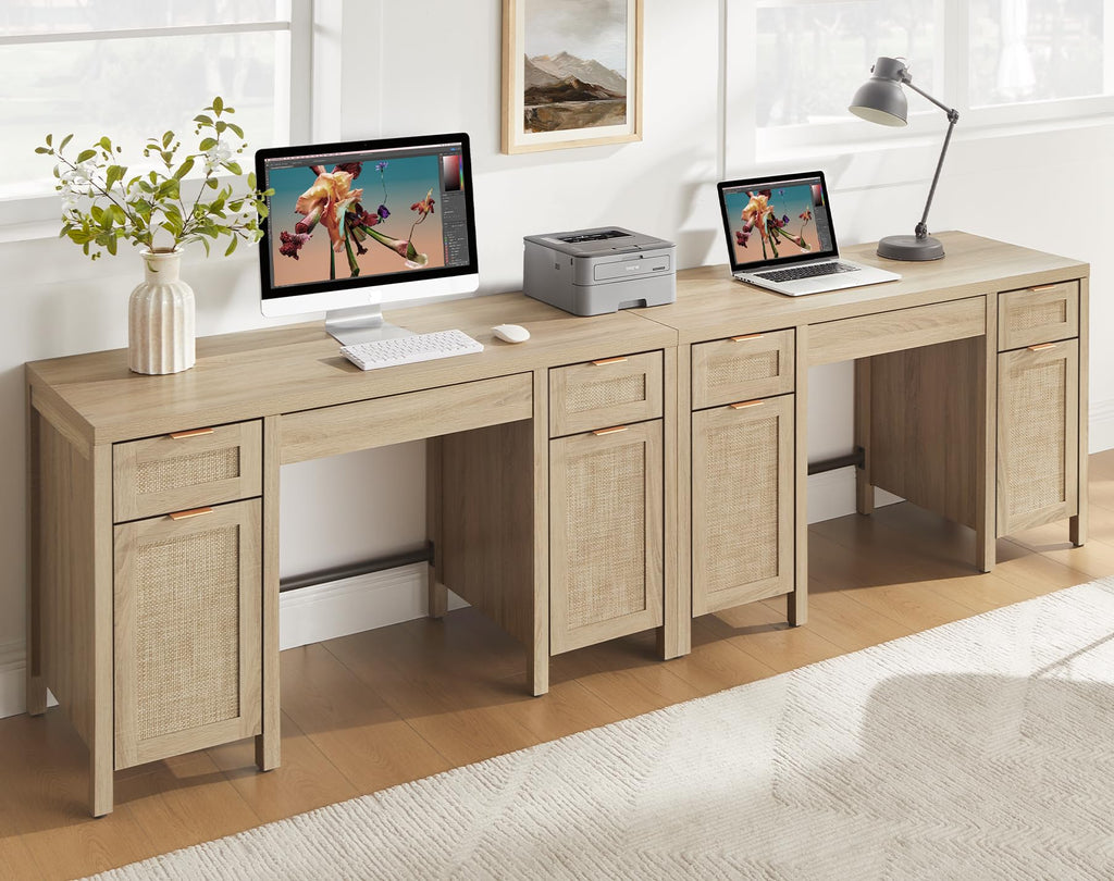 SICOTAS 52" Rattan Home Office Desk with 3 Drawers: Boho Executive Desk with 2 Storage Cabinets, Large Computer Writing Table for Study, Office, Living Room