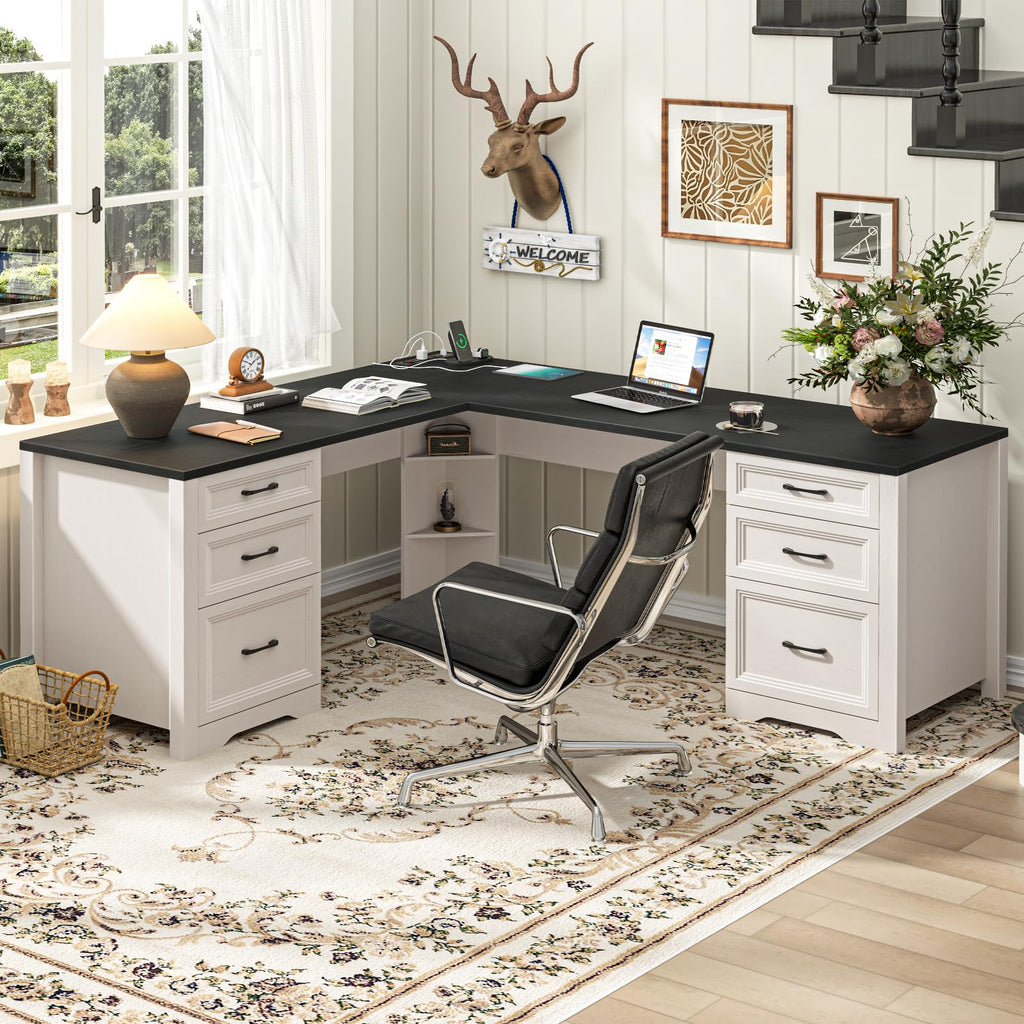 Vabches Farmhouse Executive Desk with Storage and Ample File Drawer, Rustic Large Home Writing Desk for Bedroom, White