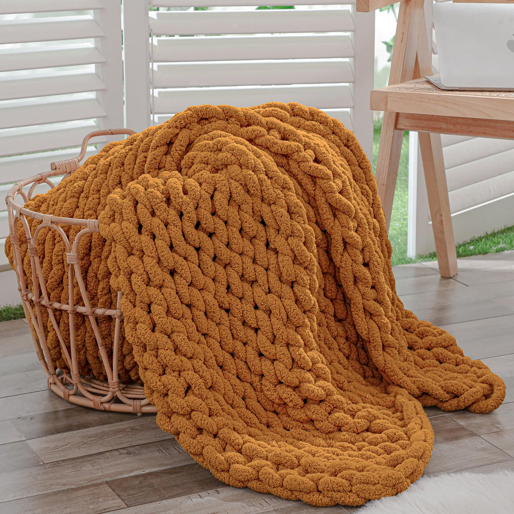 40×60" Beige Hand Knit Jumbo Chenille Chunky Knit Throw Blanket for Sofa & Bed