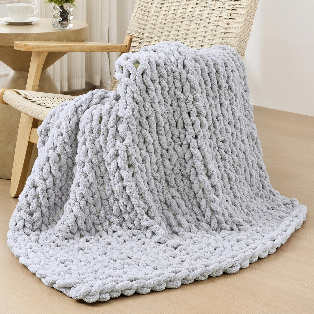 40×60" Beige Hand Knit Jumbo Chenille Chunky Knit Throw Blanket for Sofa & Bed