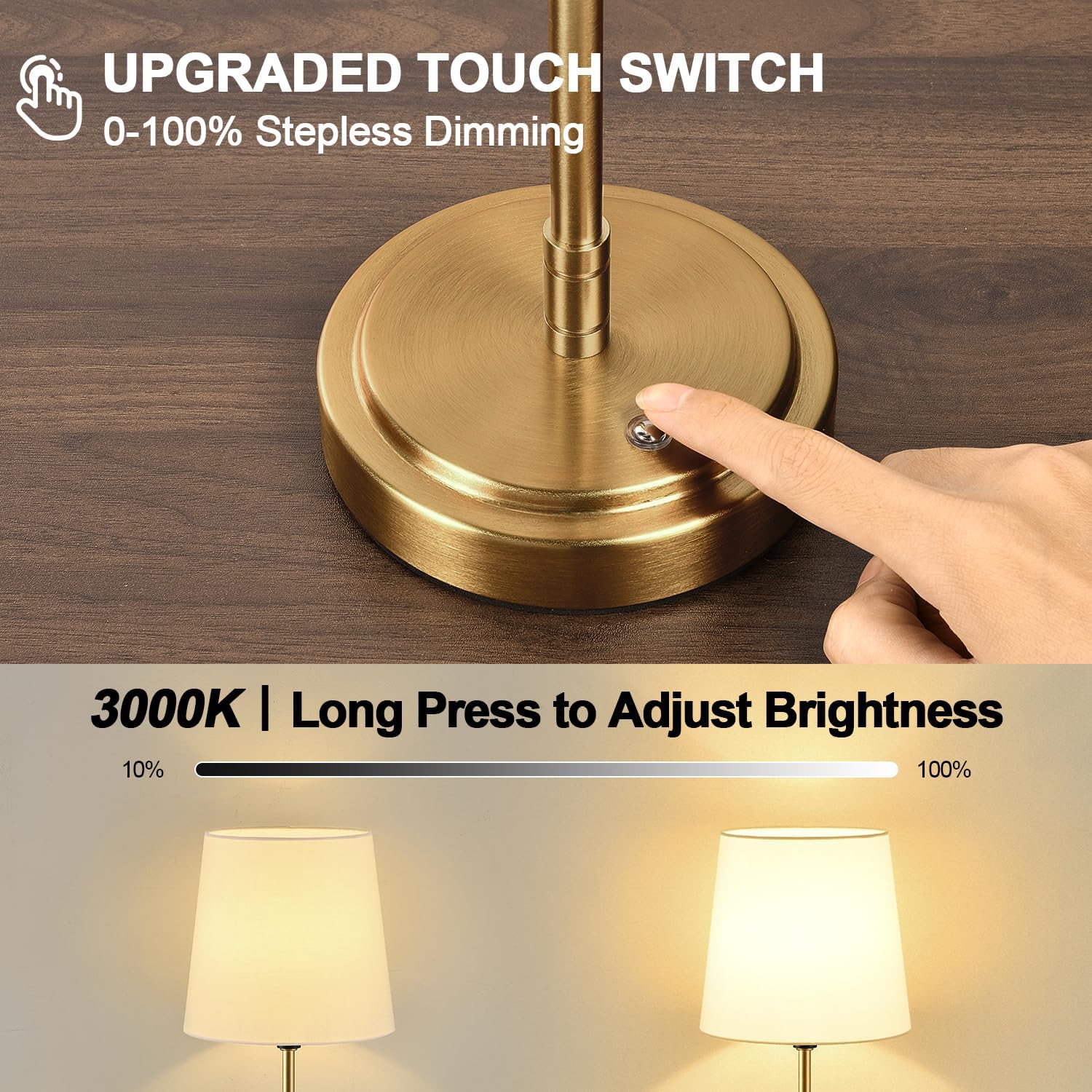 Cordless Table Lamps Set of 2 – Battery Operated Lamp with 7500mAh Rechargeable Battery, Stepless Dimmable Vintage Brushed Gold Desk Wireless Lamps for Dining Room, Nightstand & Patio (Bulbs Included)