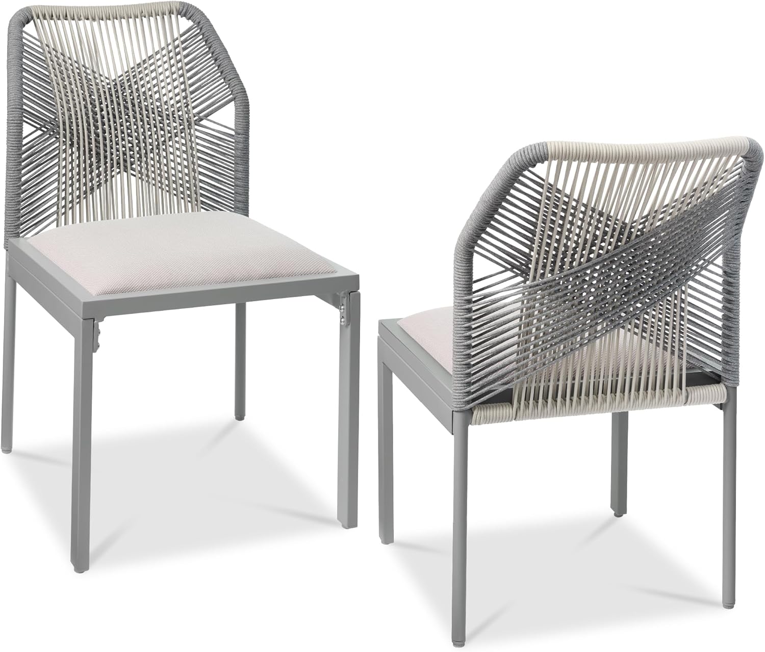 Best Choice Products Set of 2 Indoor/Outdoor Modern Dining Kitchen Chairs, All-Weather Rope Woven Design, Padded Cushions, Aluminum Frame for Dining Room, Living Room - Gray/Meteor
