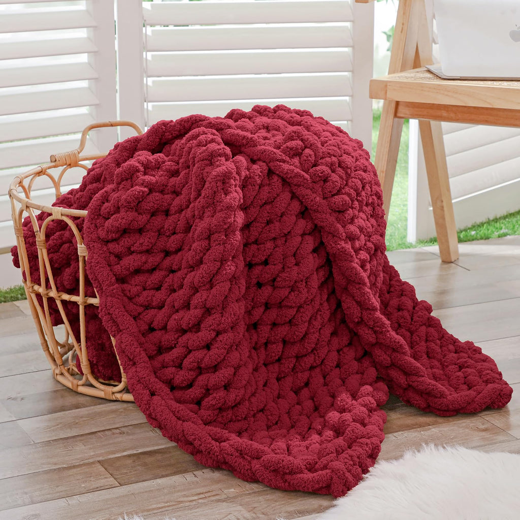 40×60" Beige Hand Knit Jumbo Chenille Chunky Knit Throw Blanket for Sofa & Bed