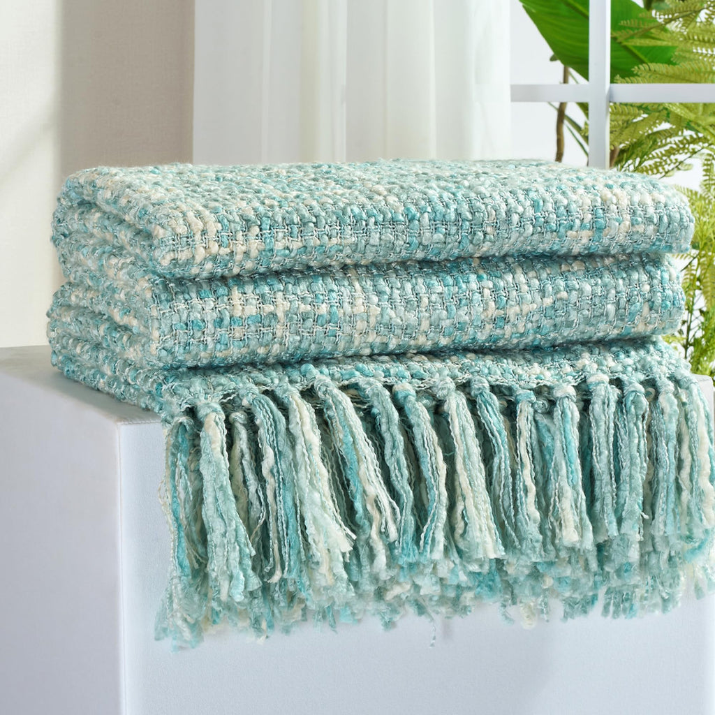 Multi-Color Green Cable Woven Throw Blanket for Couch,60"X80" Boho Style Textured Blankets for Home Decor,Super Soft Warm Cozy Chunky Blanket with Decorative Tassels for Bed and Sofa