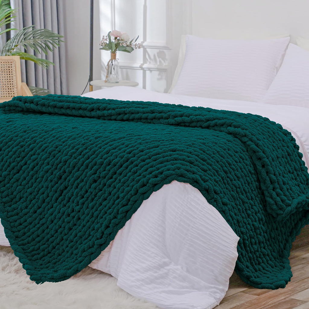 40×60" Beige Hand Knit Jumbo Chenille Chunky Knit Throw Blanket for Sofa & Bed