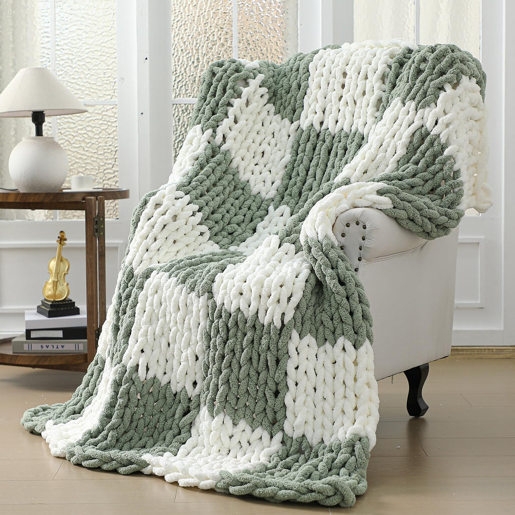 Tudomro Checkered Chunky Knit Throw Blanket for Couch 50 x 60 Inches Neutral Decor 100% Hand Knitted Cozy Soft Large Rope Knot Crochet Blankets for Sofa Living Room(Ivory and Brown)