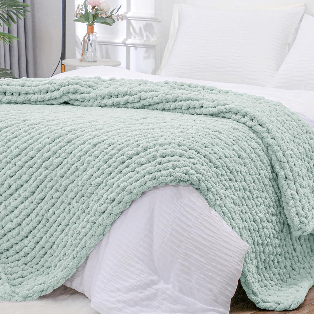 40×60" Beige Hand Knit Jumbo Chenille Chunky Knit Throw Blanket for Sofa & Bed