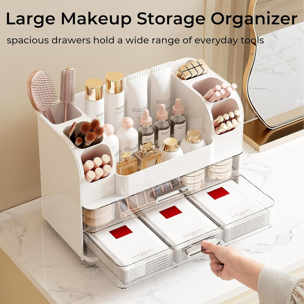 UFORU Makeup Organizer for Vanity with 2 Large Drawers, Cosmetic Display Case with Brush Holders, Easy to Storage for Bathroom Countertop Skincare, Perfume, White