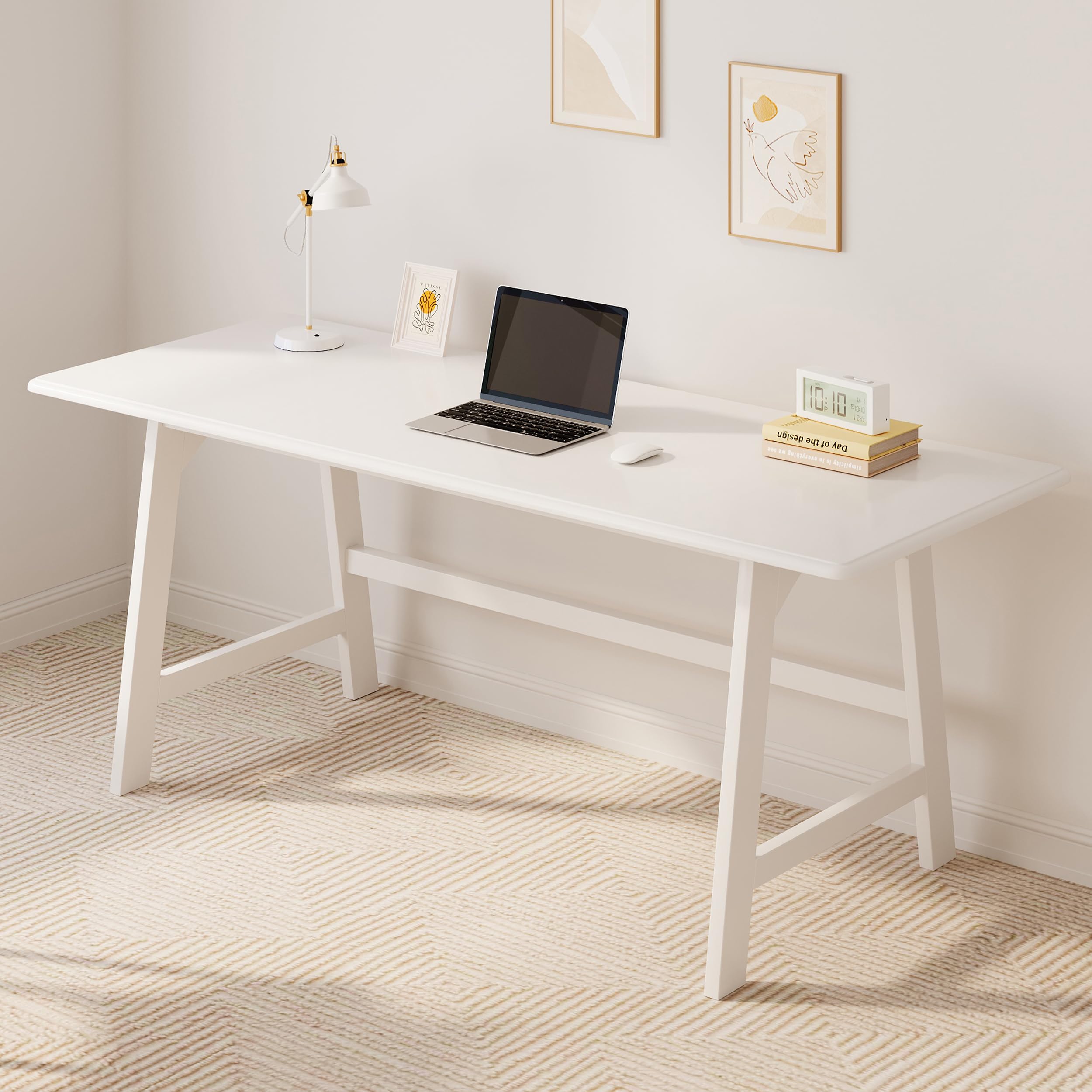 IOTXY Solid Wood Writing Table - 48" W x 24" D Minimalist Computer Desk for Home Office, Work, Study, Creativity, and PC Workstation, White