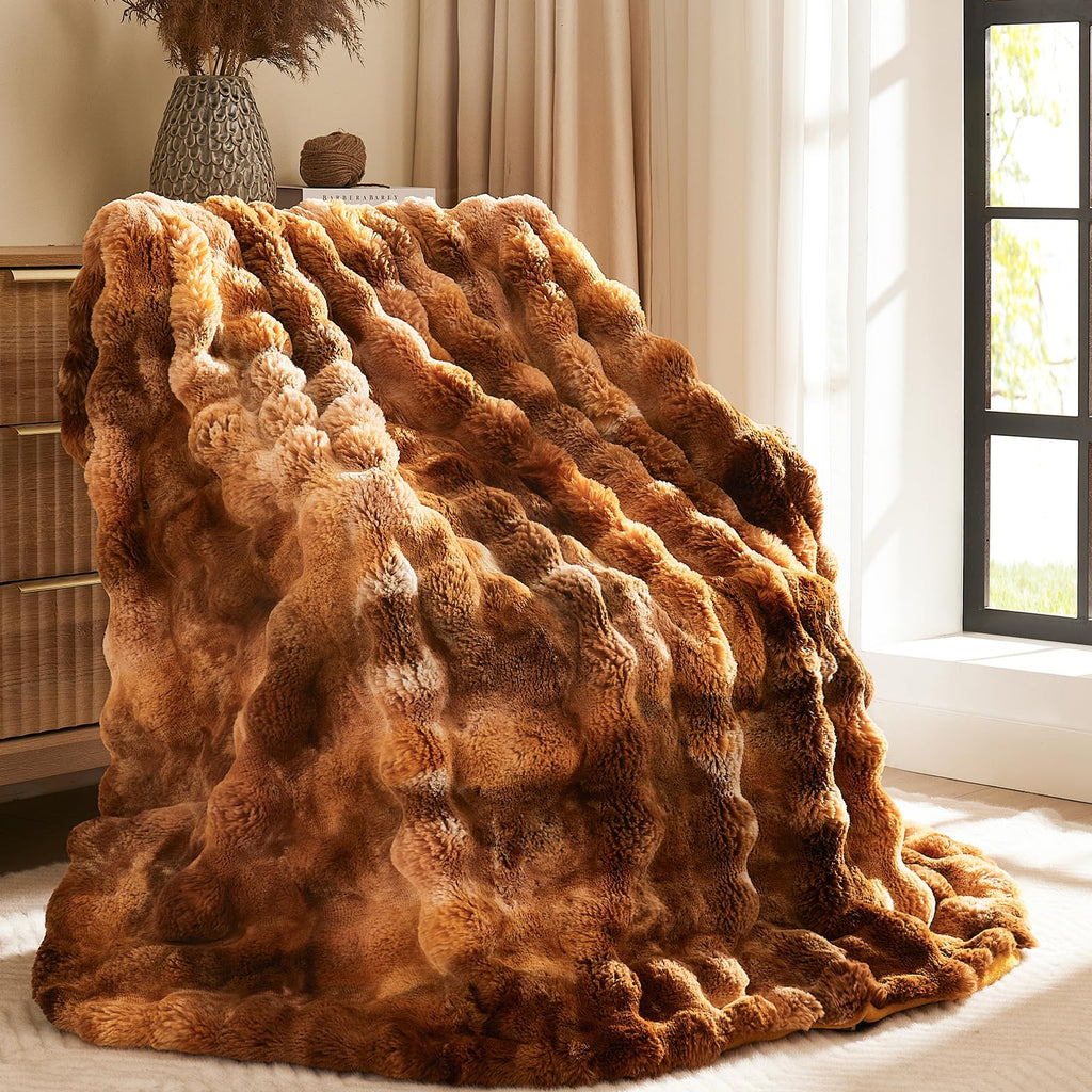 L'AGRATY Faux Rabbit Fur Blanket: 50" x 60" Luxury Soft Fluffy Thick Fur Throw Blanket for Couch Bed Sofa - Cozy Plush Bubble Blankets for Winter: Warm Flannel Fleece Decorative Blanket(Almond White)