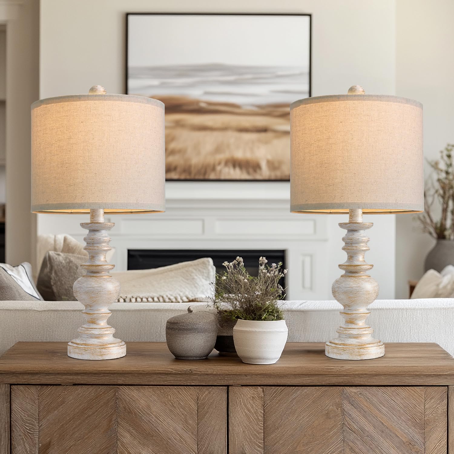 Set of 2 Rustic Farmhouse Linen Table Lamps for Bedroom & Living Room Decor