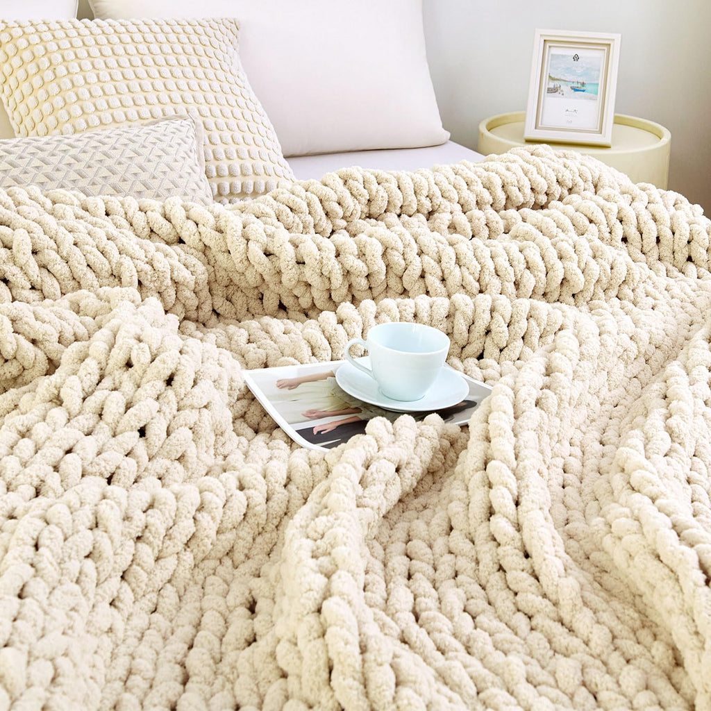 Admitrack Chunky Knit Blanket Throw, 100% Hand Knit Chenille Throw Blanket for Sofa & Home Decor, Soft and Cozy Knitted Throw Blankets (Sage Green，51"x63")
