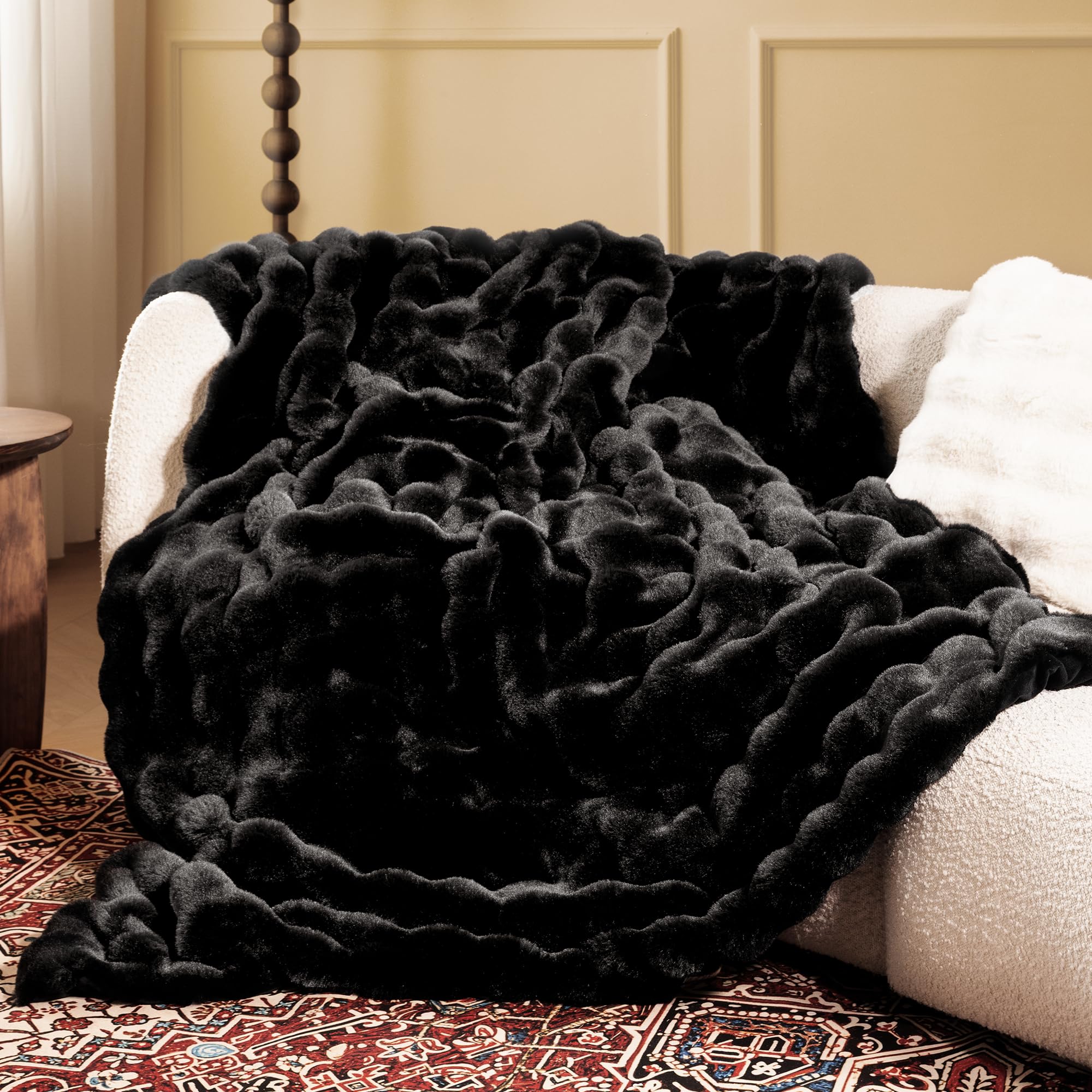 Ultra Soft Cozy Faux Fur Throw Blanket, Fuzzy Plush Thick Bubble Blanket, Oversize Luxury Fluffy Blanket for Couch, Sofa, Bedroom, and Living Room, 50x60 Inches, Light Brown