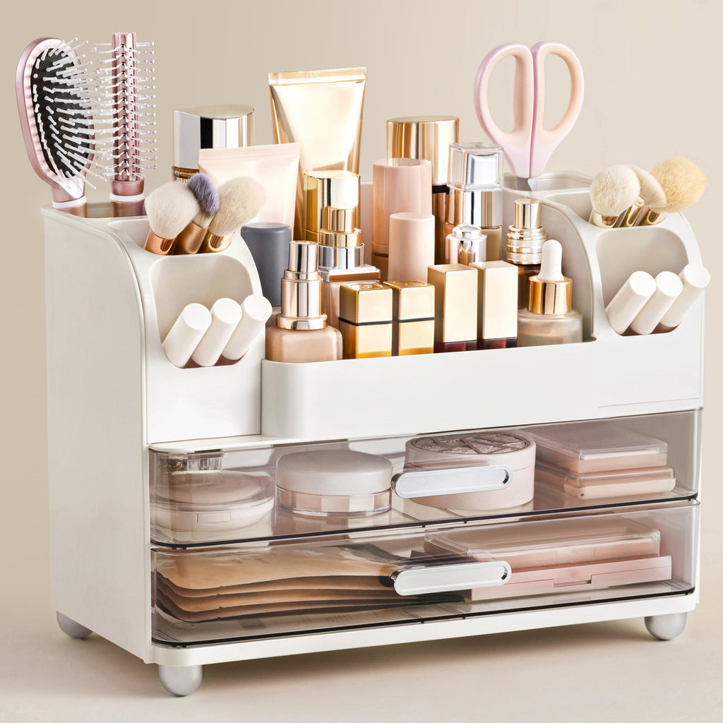 White Large Vanity Cosmetic Organizer with Brush Holder for Skincare & Makeup Storage