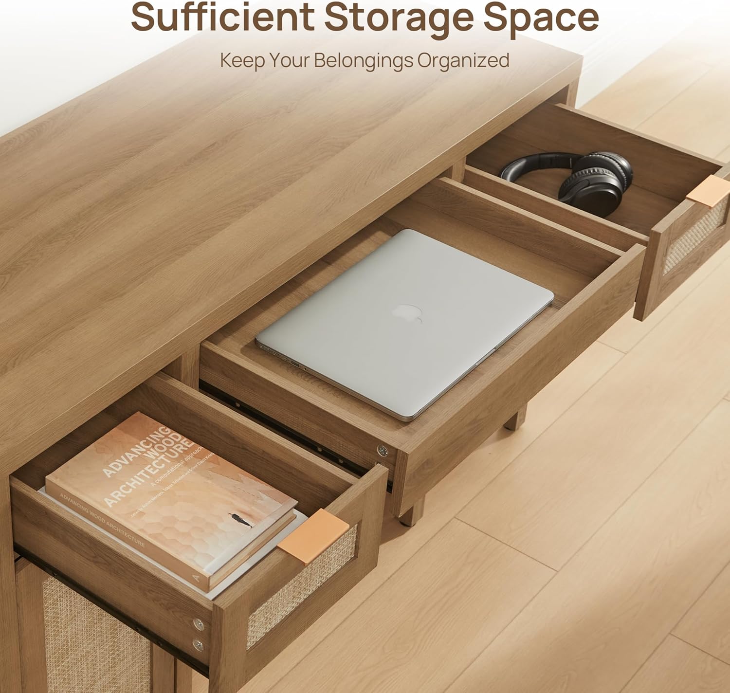 SICOTAS 52" Rattan Home Office Desk with 3 Drawers: Boho Executive Desk with 2 Storage Cabinets, Large Computer Writing Table for Study, Office, Living Room