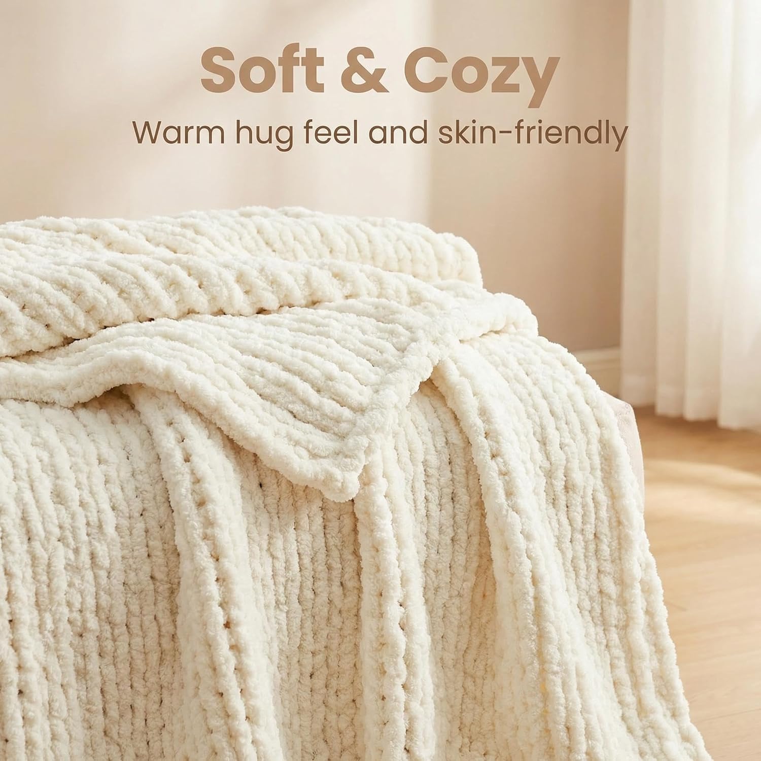 Amélie Home Chunky Knit Throw Blanket for Couch, Soft Chenille Handmade Crochet Throw Rope Knit Blanket for Bed, 40"x50", Ivory