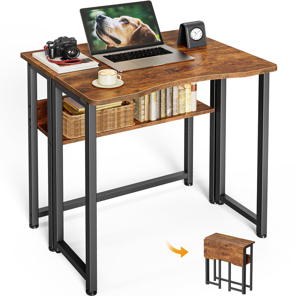 Huuger Folding Desk with Storage Shelf, 31.5 Inch Foldable Computer Table for Small Spaces, Space Saving Sofa Table for Couch, Writing Work Office Computer Desk, Easy to Fold, Rustic Brown