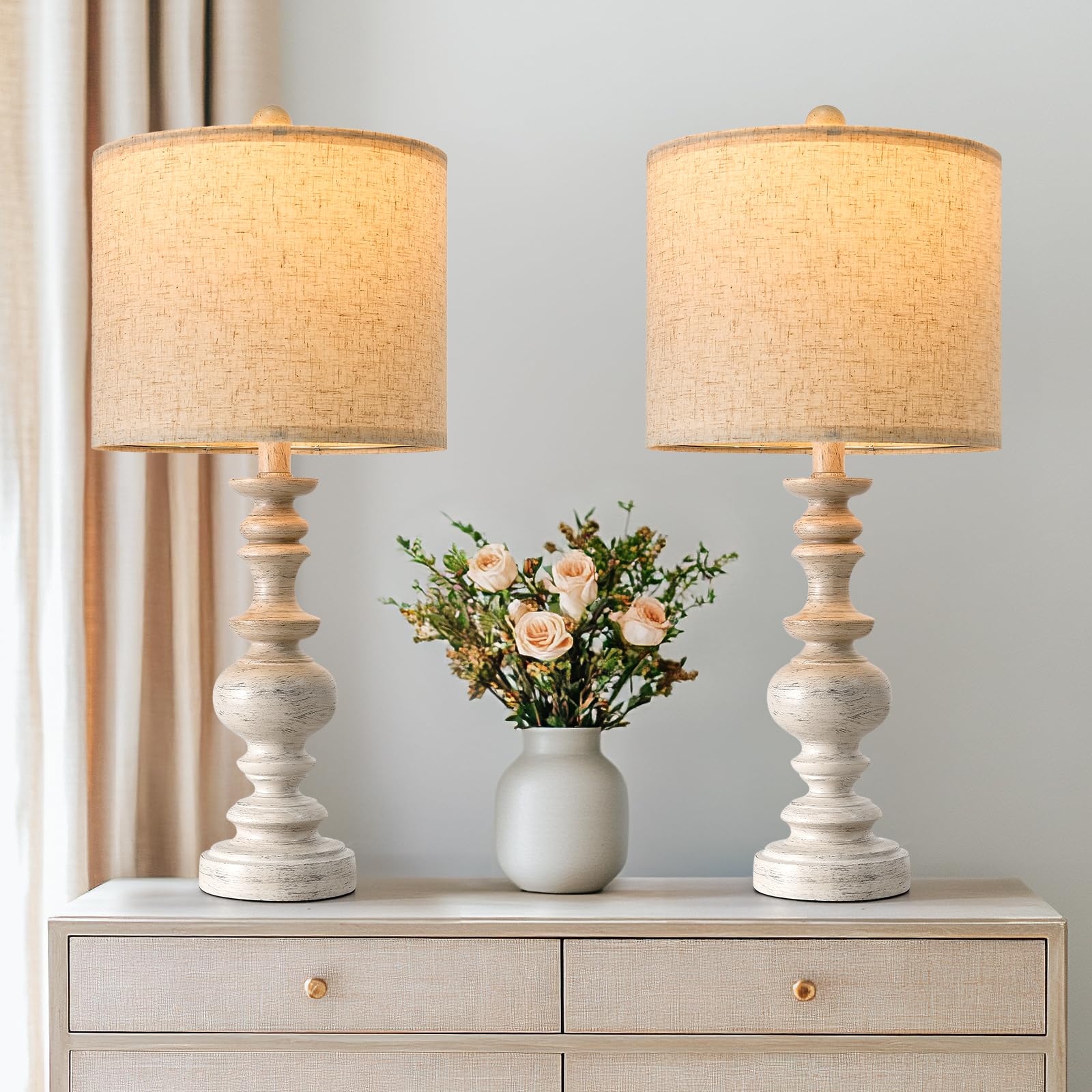 Set of 2 Rustic Farmhouse Linen Table Lamps for Bedroom & Living Room Decor
