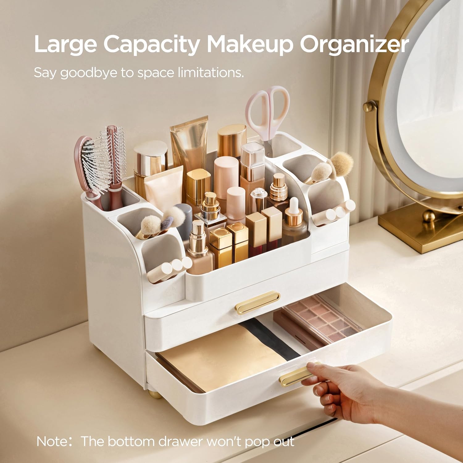 White Large Vanity Cosmetic Organizer with Brush Holder for Skincare & Makeup Storage