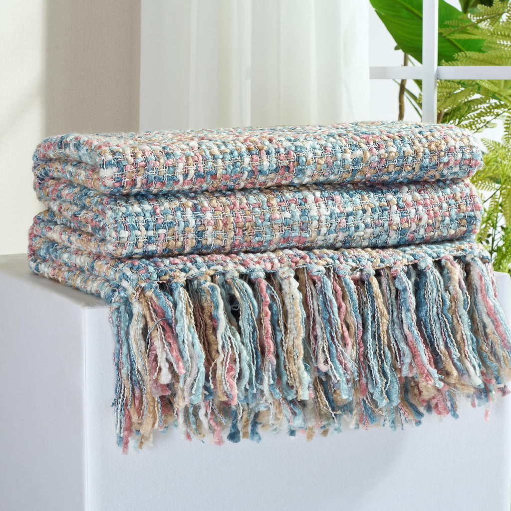 Multi-Color Green Cable Woven Throw Blanket for Couch,60"X80" Boho Style Textured Blankets for Home Decor,Super Soft Warm Cozy Chunky Blanket with Decorative Tassels for Bed and Sofa