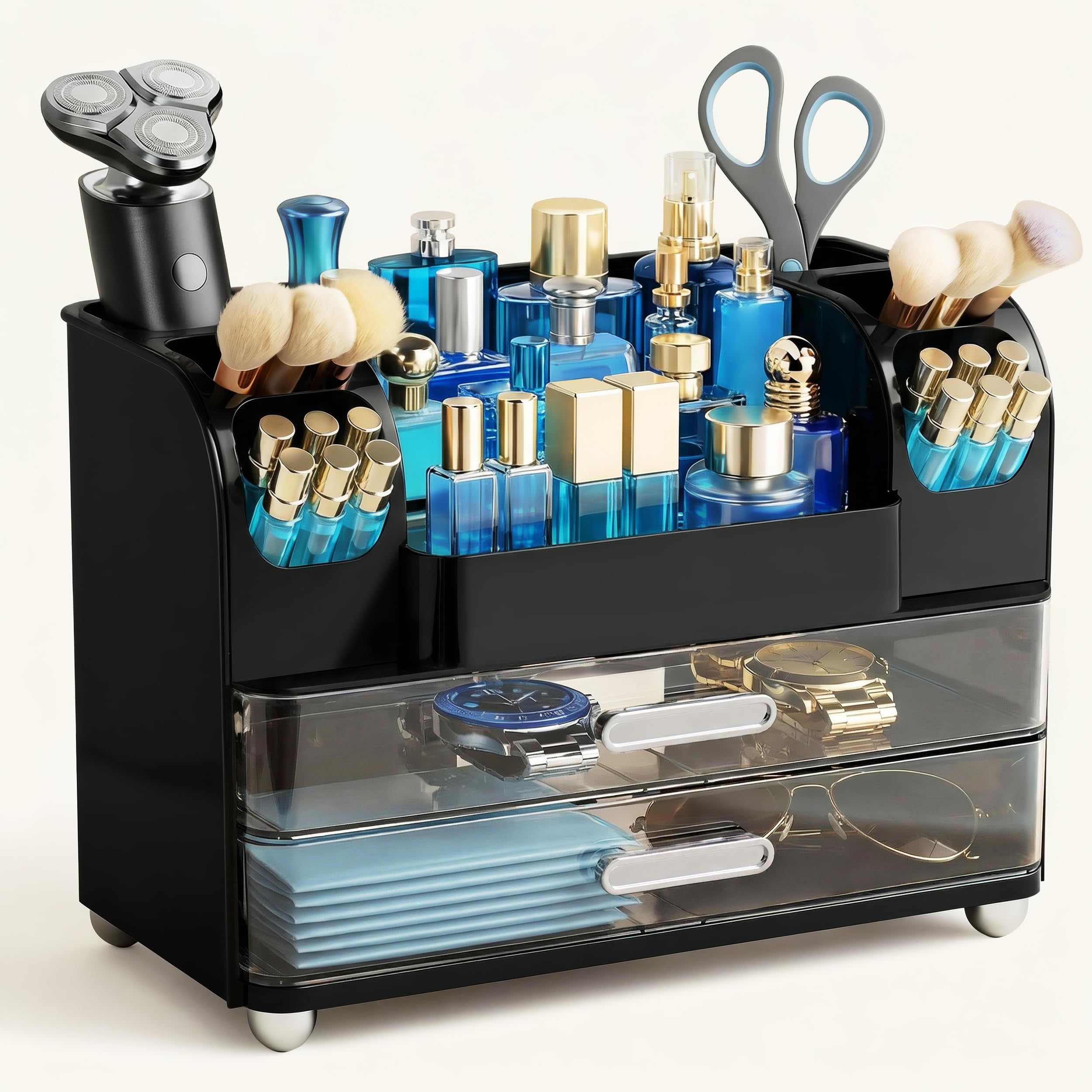 White Large Vanity Cosmetic Organizer with Brush Holder for Skincare & Makeup Storage