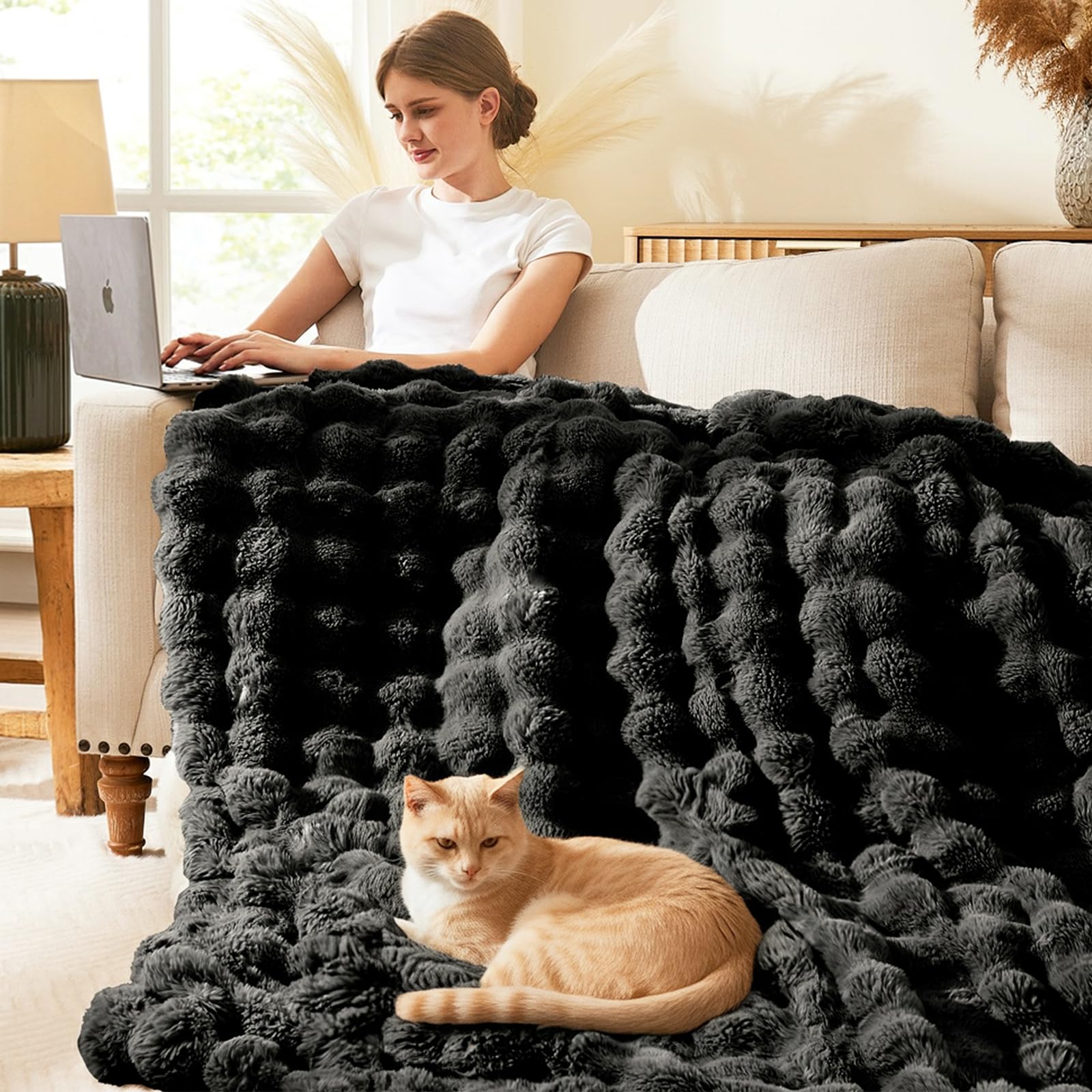 L'AGRATY Faux Rabbit Fur Blanket: 50" x 60" Luxury Soft Fluffy Thick Fur Throw Blanket for Couch Bed Sofa - Cozy Plush Bubble Blankets for Winter: Warm Flannel Fleece Decorative Blanket(Almond White)