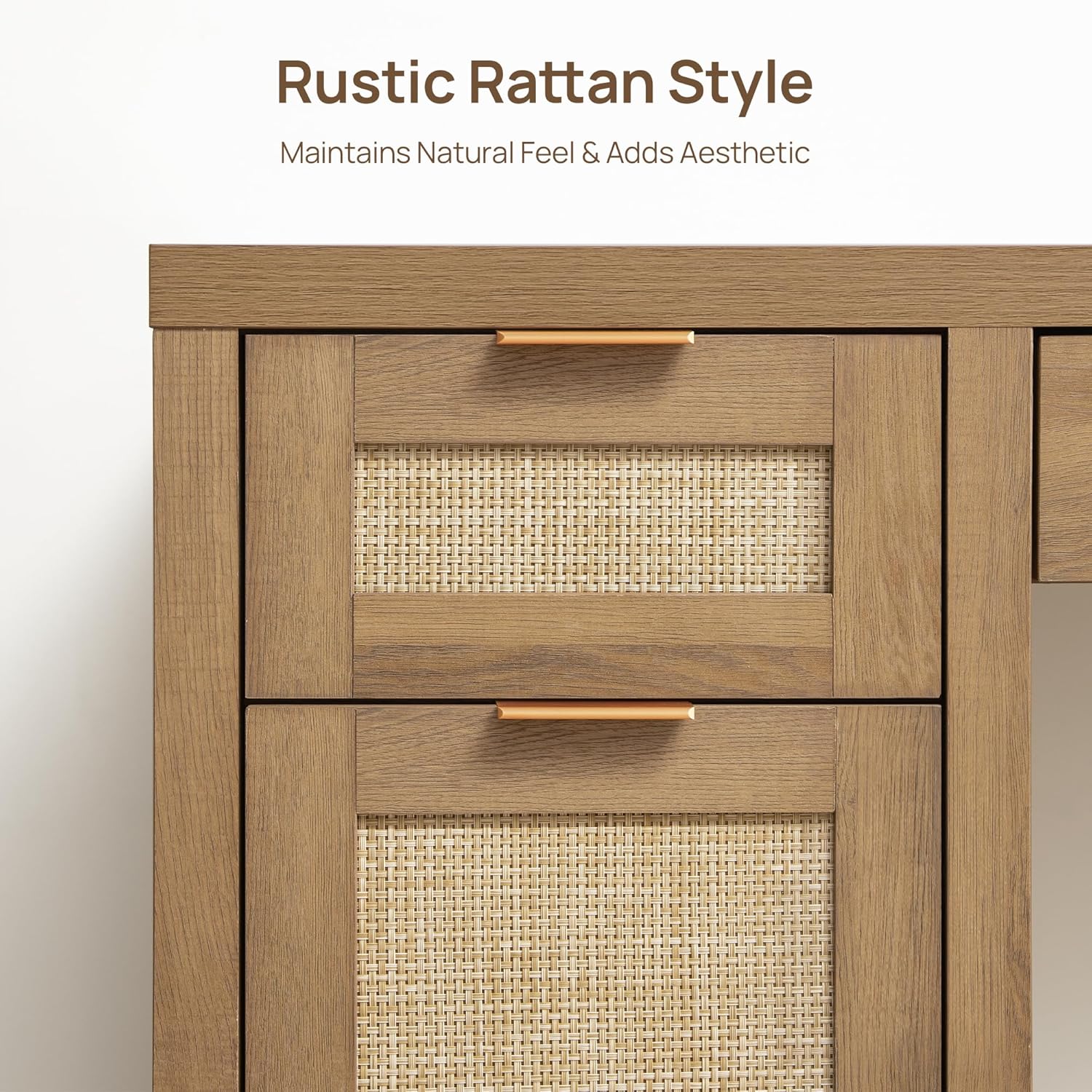 SICOTAS 52" Rattan Home Office Desk with 3 Drawers: Boho Executive Desk with 2 Storage Cabinets, Large Computer Writing Table for Study, Office, Living Room