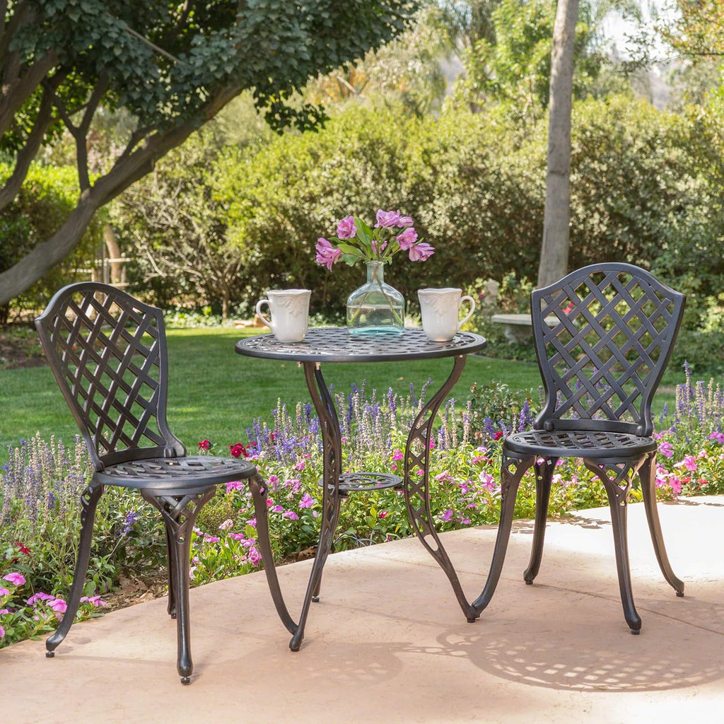 Outdoor Bistro Set Cast Aluminum - Traditional Garden Patio Furniture for Cafe Outdoor Dining - Black Round Table & Chairs Commercial Use