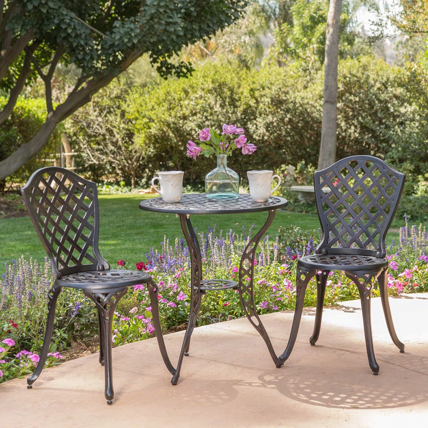 Outdoor Bistro Set Cast Aluminum - Traditional Garden Patio Furniture for Cafe Outdoor Dining - Black Round Table & Chairs Commercial Use