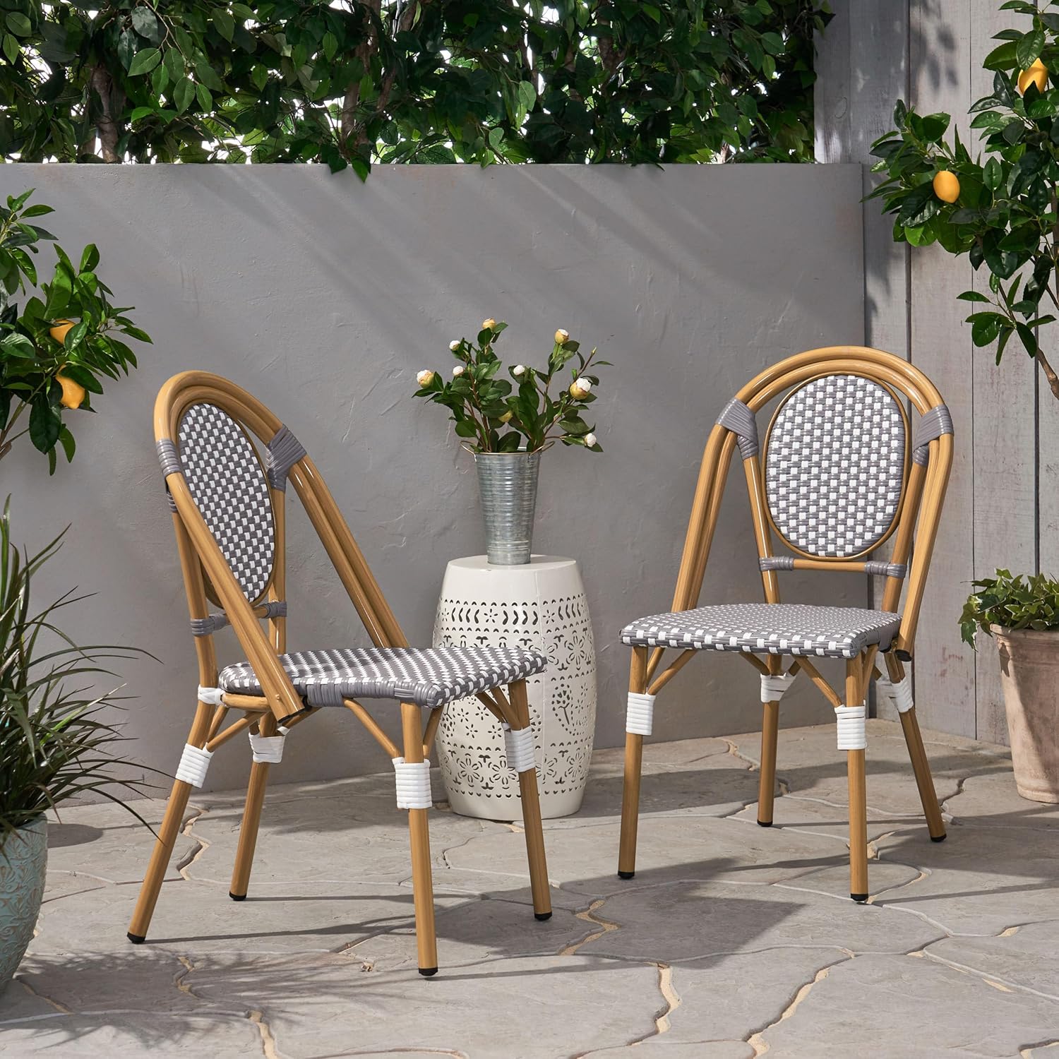 Merax French Bistro Outdoor Chairs Set of 2, Wicker Rattan Patio Dining Chairs with Aluminum Frame, Cafe Style Seating for Balcony, Patio, Gray