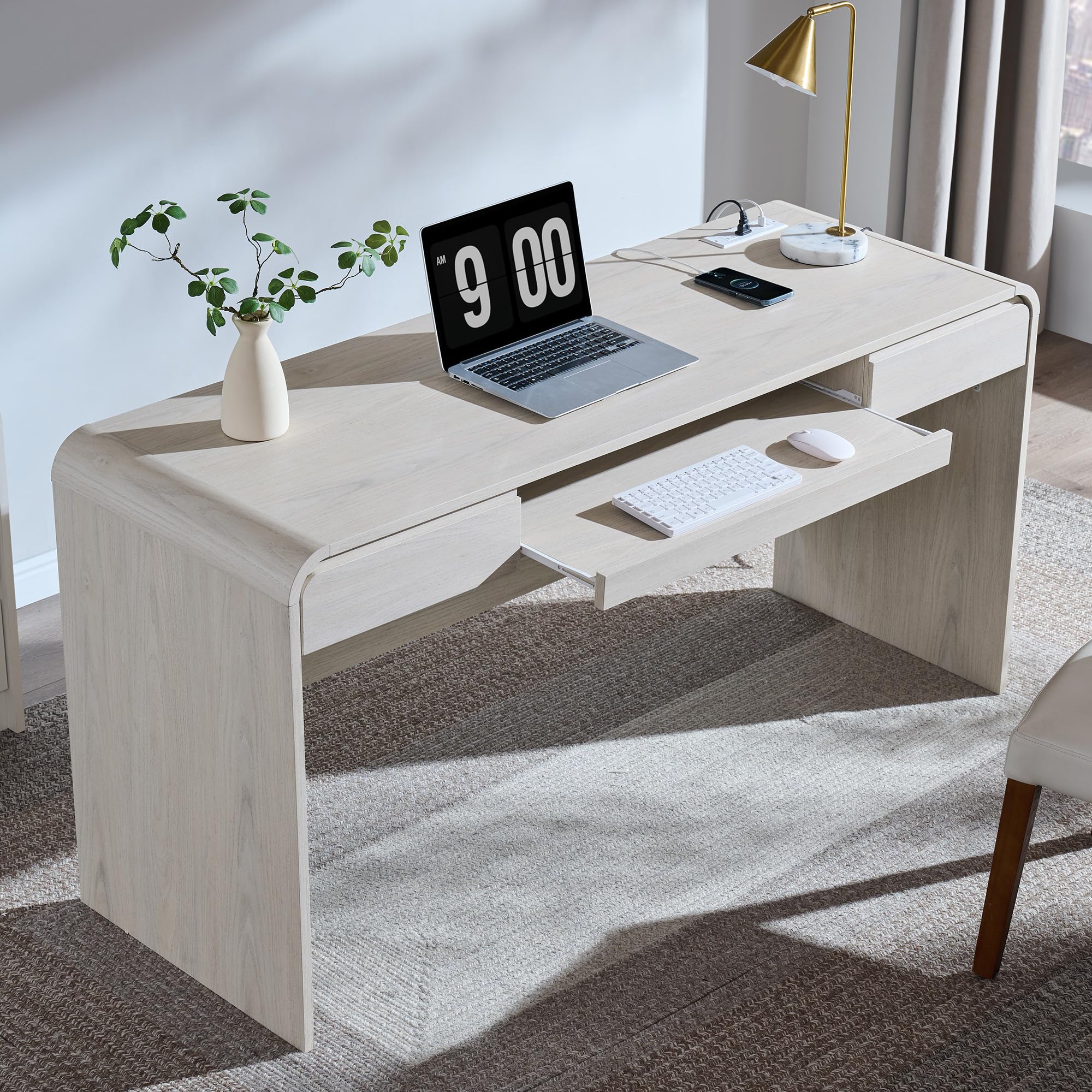 Natural 63" Modern Wood Computer Desk with Drawers, Keyboard Tray & Power Outlet for Home Office