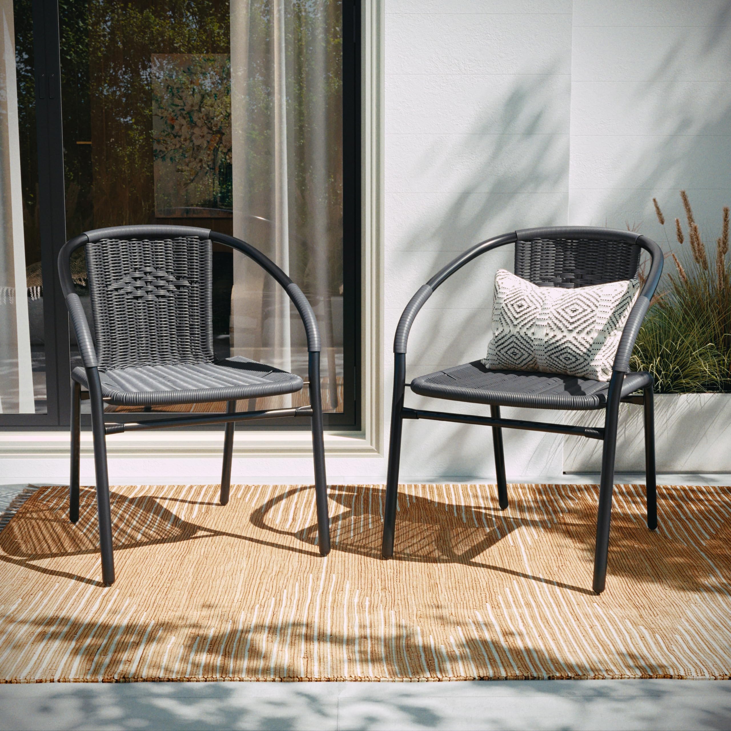 BizChair Set of 2 Commercial Grade Black Rattan Indoor-Outdoor Restaurant Stack Chairs