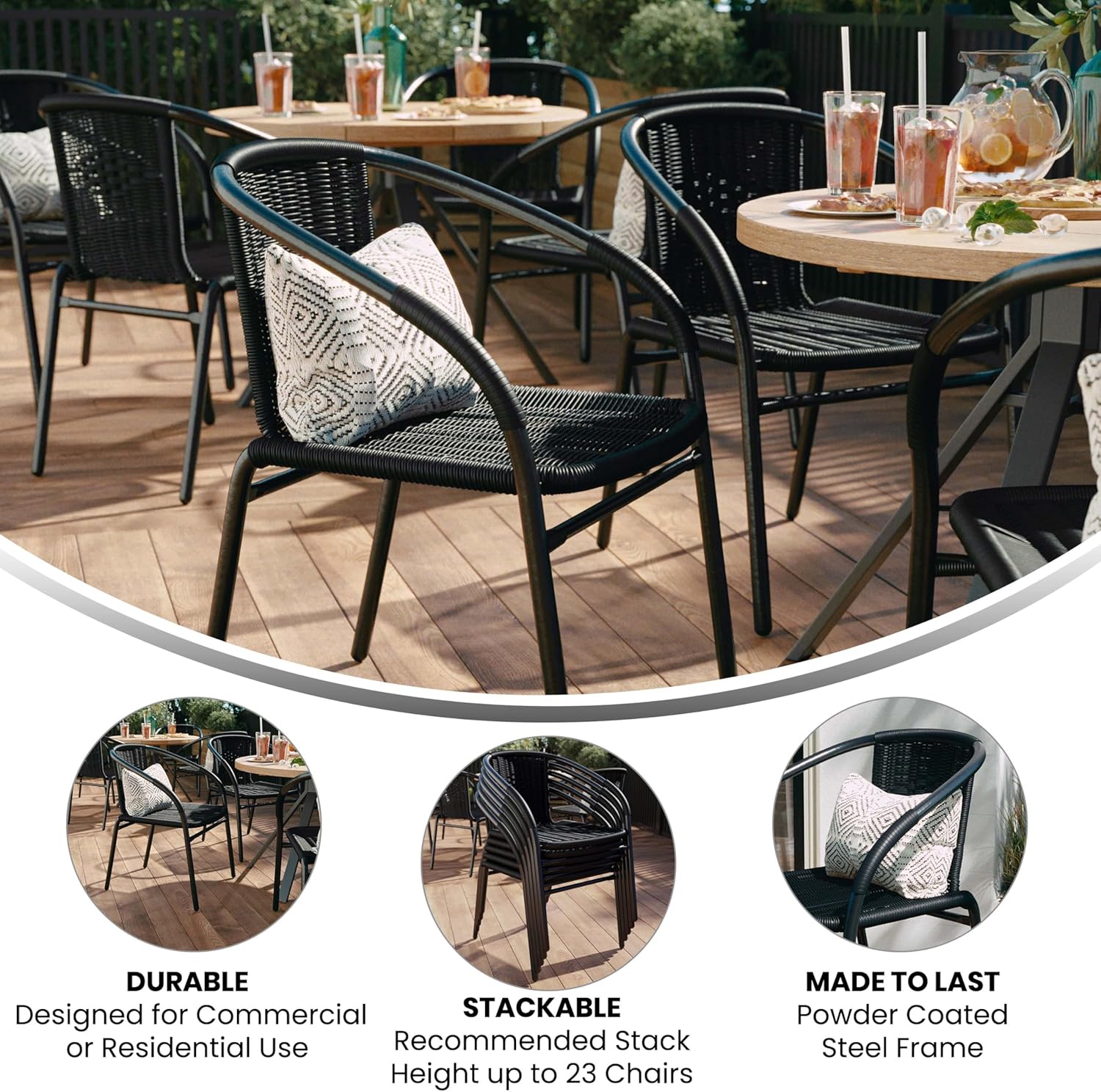 BizChair Set of 2 Commercial Grade Black Rattan Indoor-Outdoor Restaurant Stack Chairs