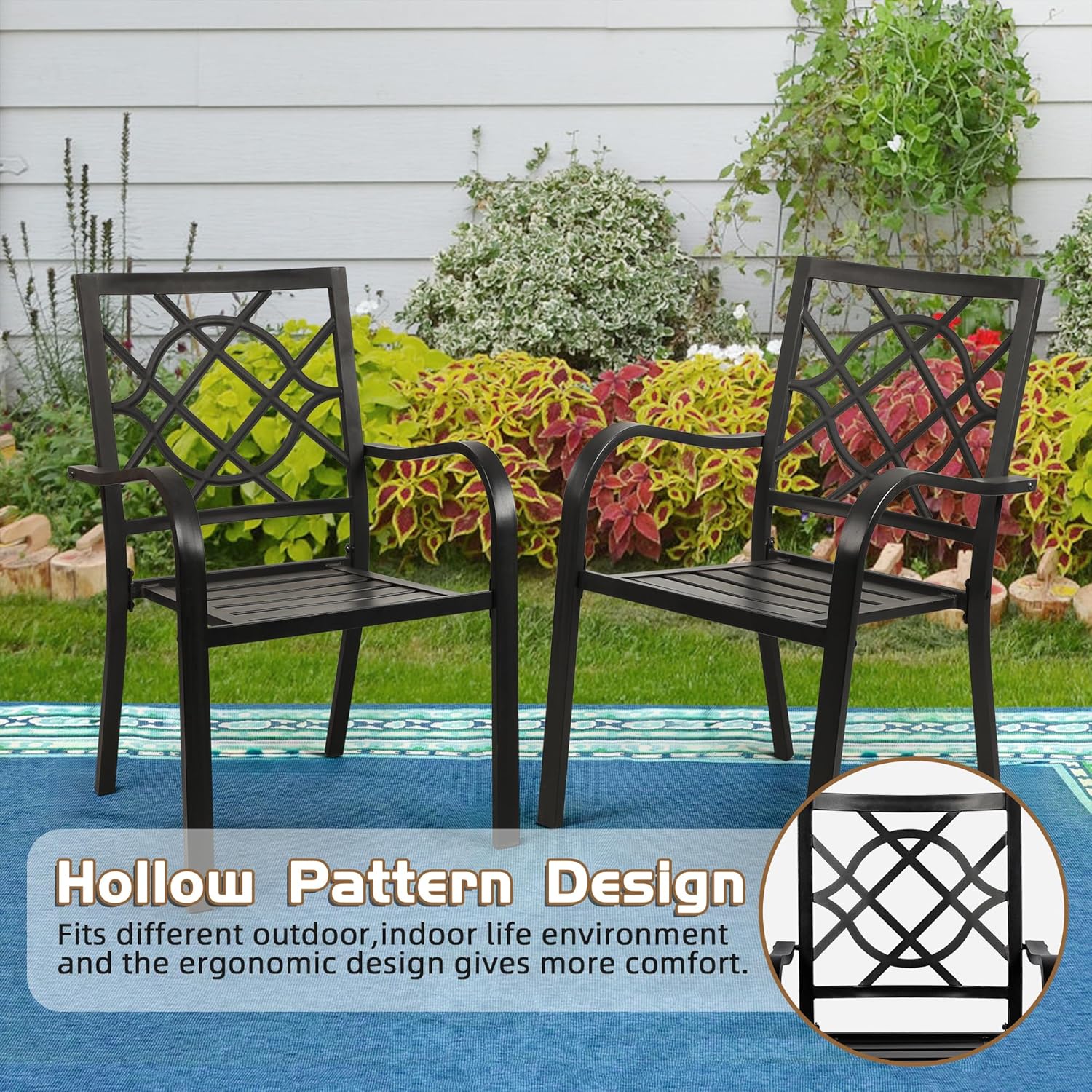 Incbruce 300lbs Patio Chairs Set of 2 Outdoor Dining Chairs, Metal Frame Stackable Patio Dining Chairs, Wrought Iron Black Outdoor Chairs with Armrest for Garden, Poolside, Backyard