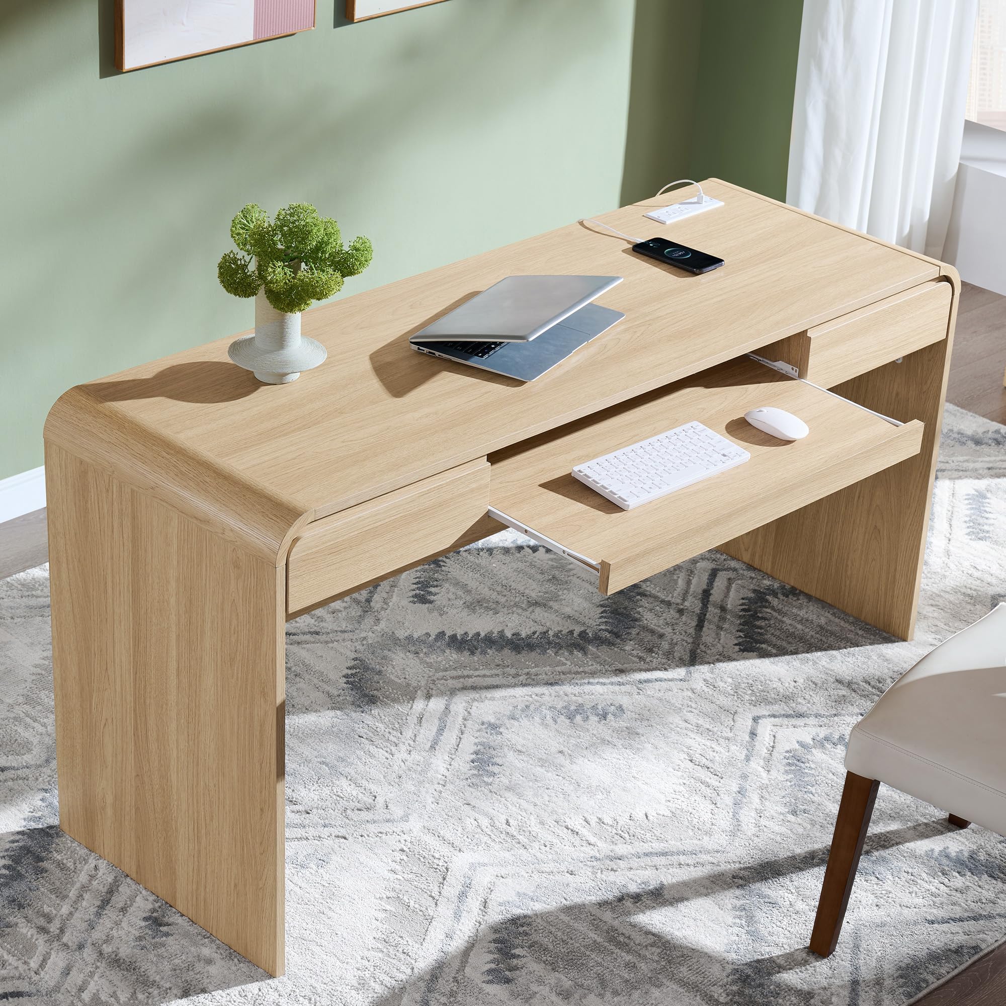 Natural 63" Modern Wood Computer Desk with Drawers, Keyboard Tray & Power Outlet for Home Office