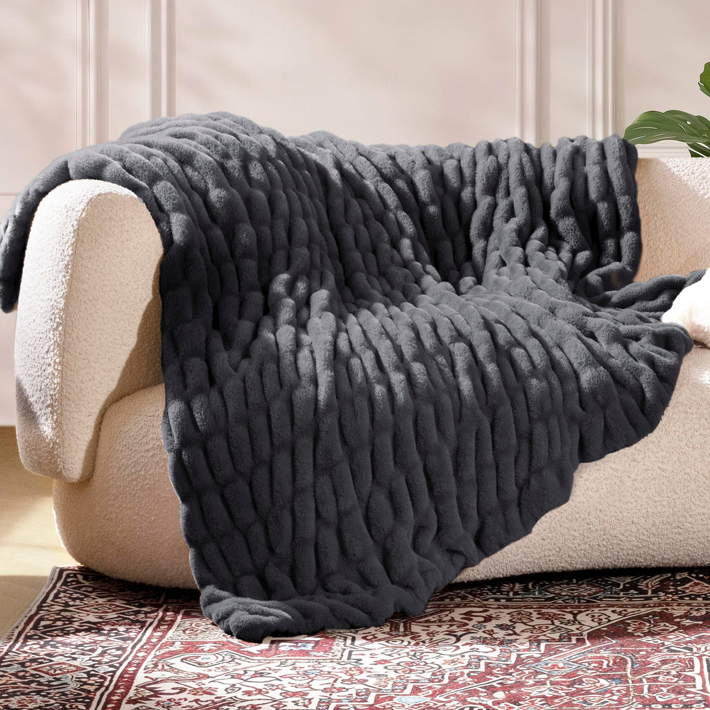 Ultra Soft Cozy Faux Fur Throw Blanket, Fuzzy Plush Thick Bubble Blanket, Oversize Luxury Fluffy Blanket for Couch, Sofa, Bedroom, and Living Room, 50x60 Inches, Light Brown