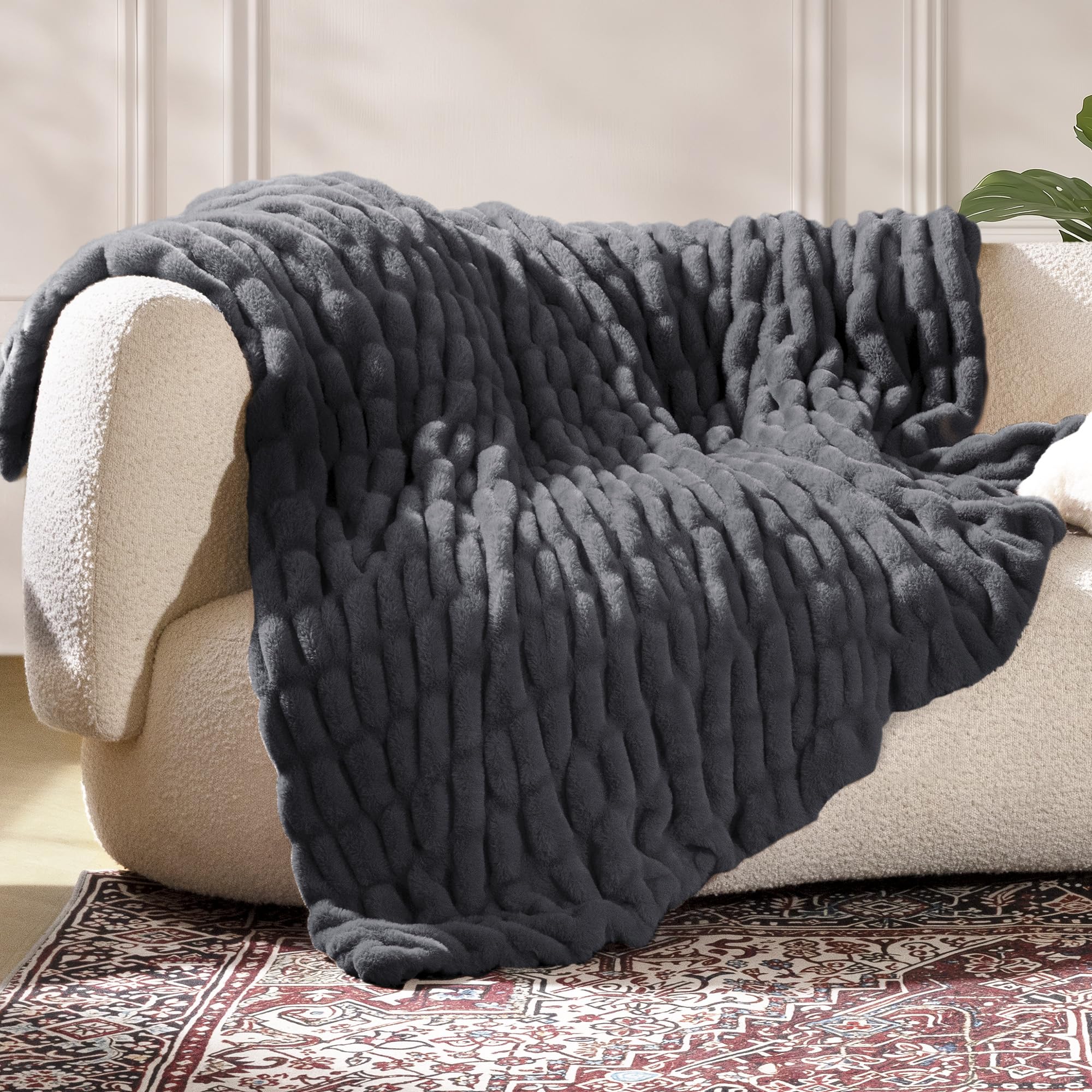 Ultra Soft Cozy Faux Fur Throw Blanket, Fuzzy Plush Thick Bubble Blanket, Oversize Luxury Fluffy Blanket for Couch, Sofa, Bedroom, and Living Room, 50x60 Inches, Light Brown