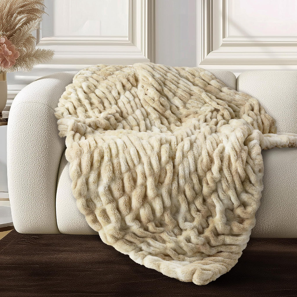 Ultra Soft Cozy Faux Fur Throw Blanket, Fuzzy Plush Thick Bubble Blanket, Oversize Luxury Fluffy Blanket for Couch, Sofa, Bedroom, and Living Room, 50x60 Inches, Light Brown