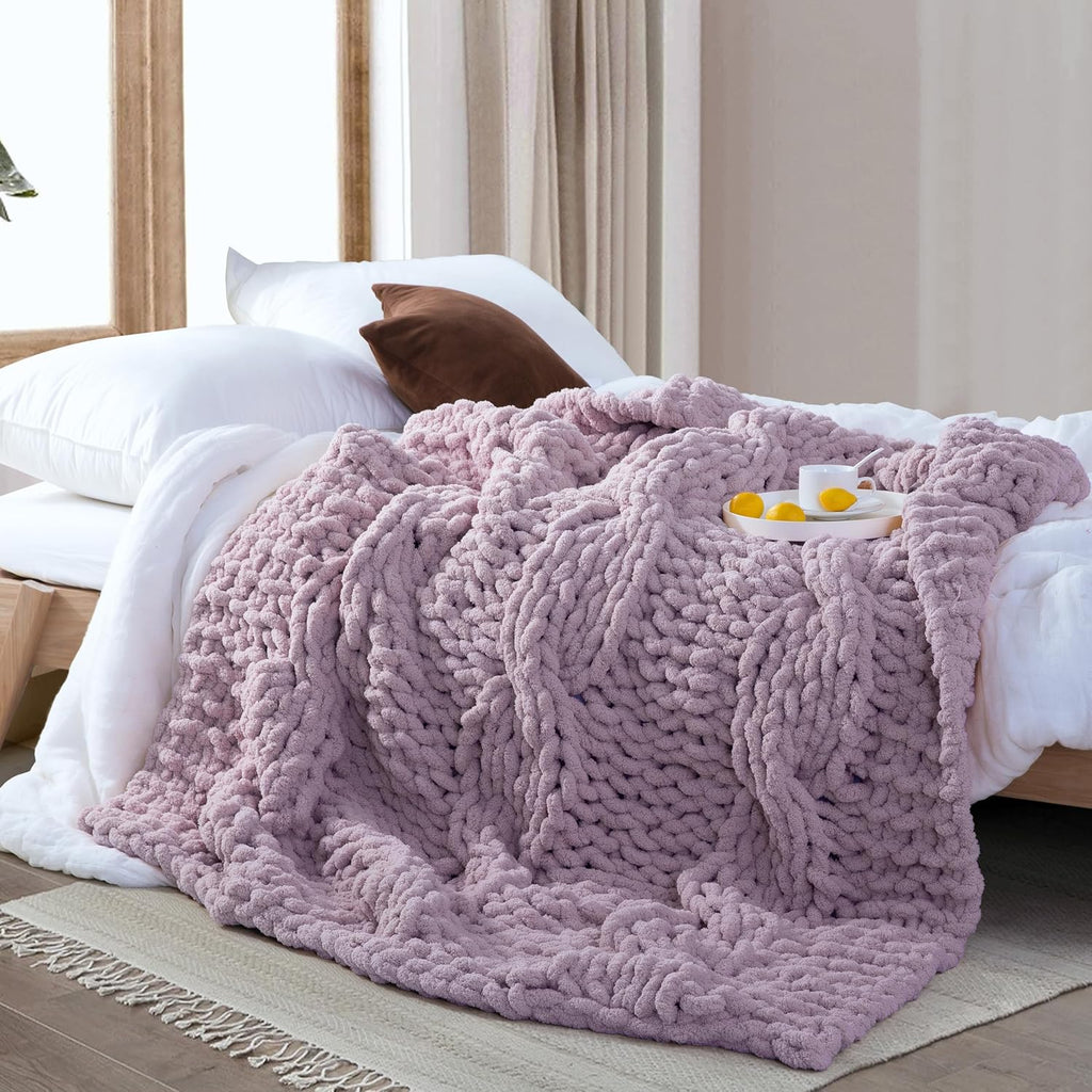Chunky Knit Blanket Throw - 100% Hand Knitted Chunky Soft Throw Blanket for Couch, Thick and Warm Blanket for Winter, Purple, 50x60 Inches