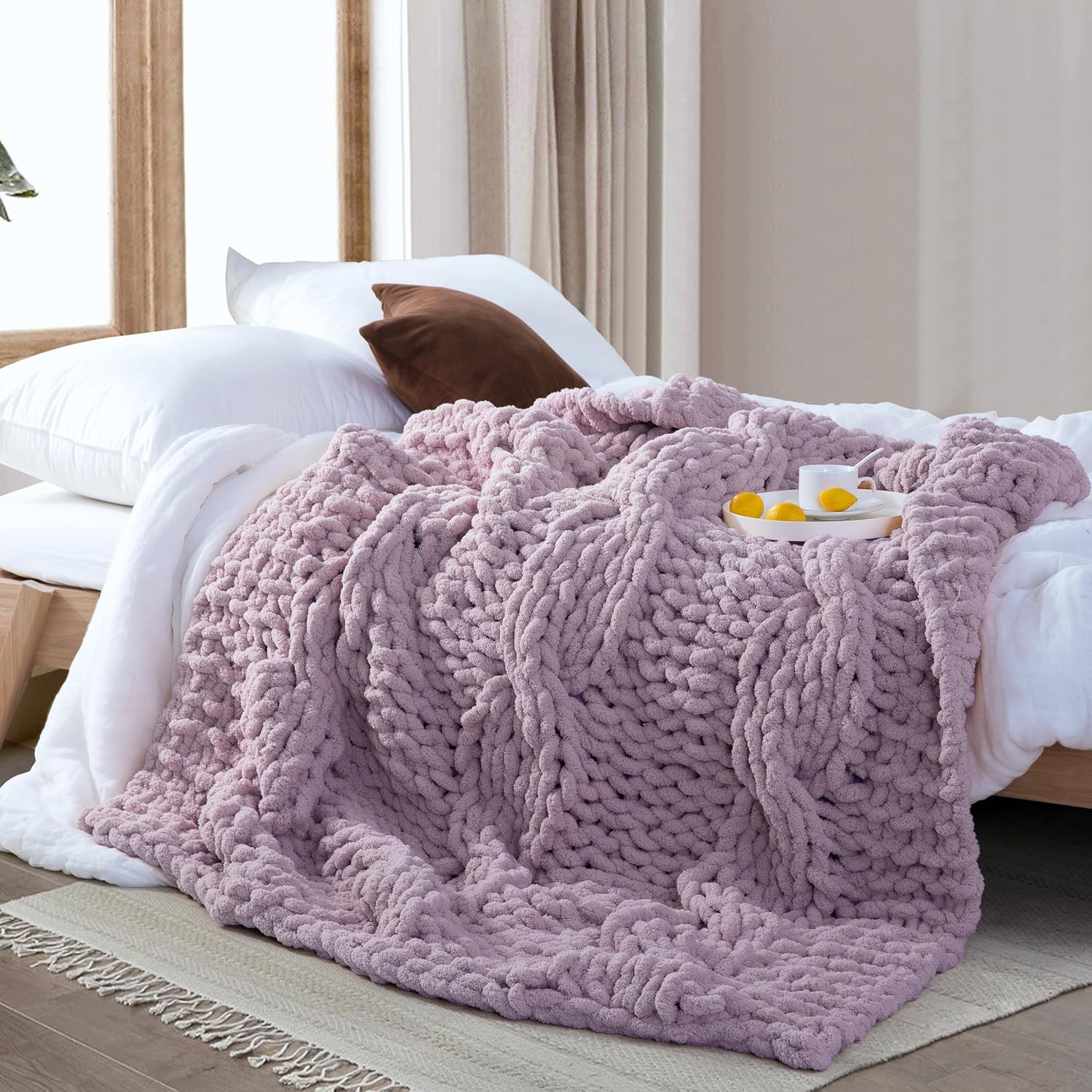 Chunky Knit Blanket Throw - 100% Hand Knitted Chunky Soft Throw Blanket for Couch, Thick and Warm Blanket for Winter, Purple, 50x60 Inches