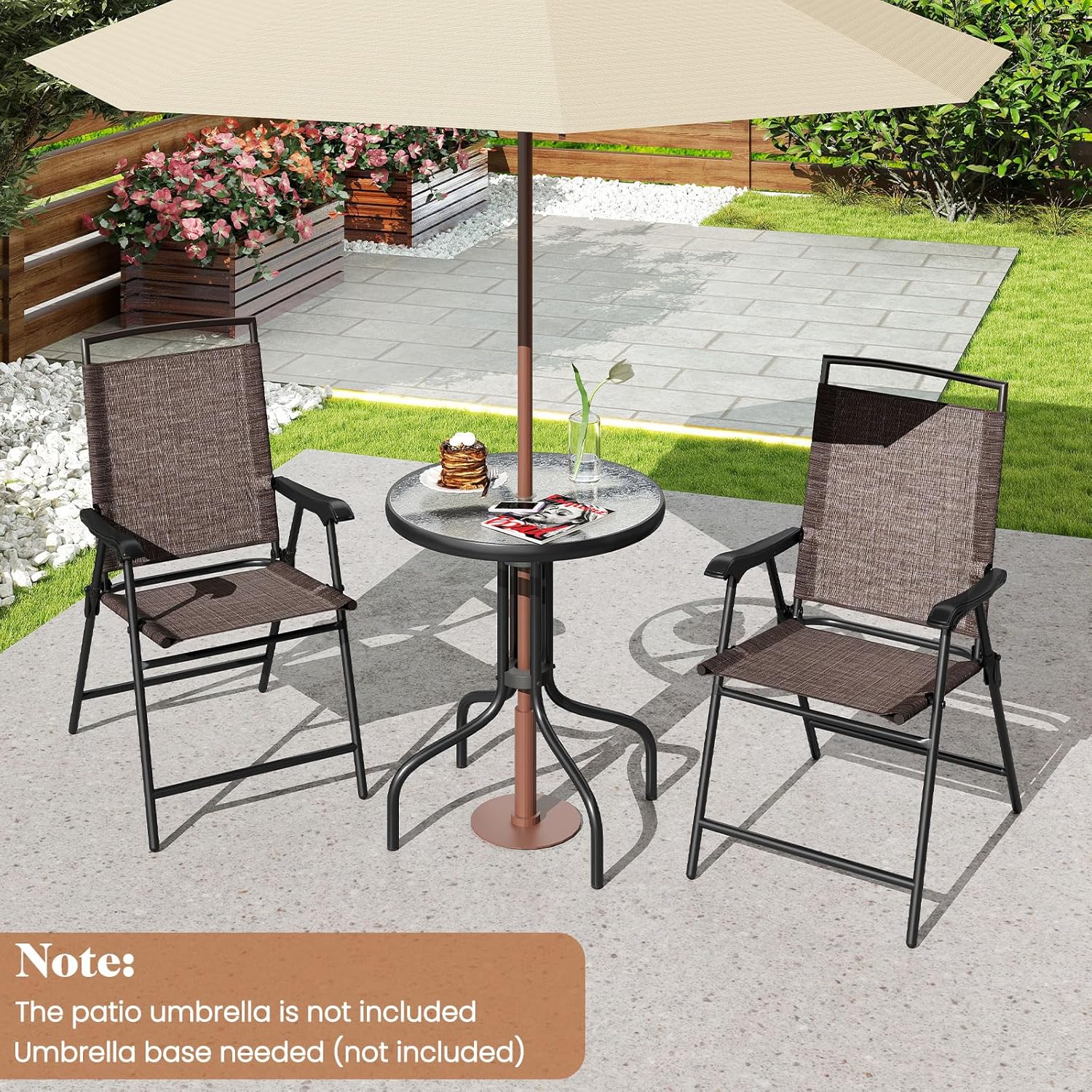 Goplus Patio Bistro Set, 3-Piece Patio Dining Furniture Set with Round Tempered Glass Table, 2 Foldable Chairs, Small Outdoor Folding Chairs & Table Set for Porch Garden Pool Yard