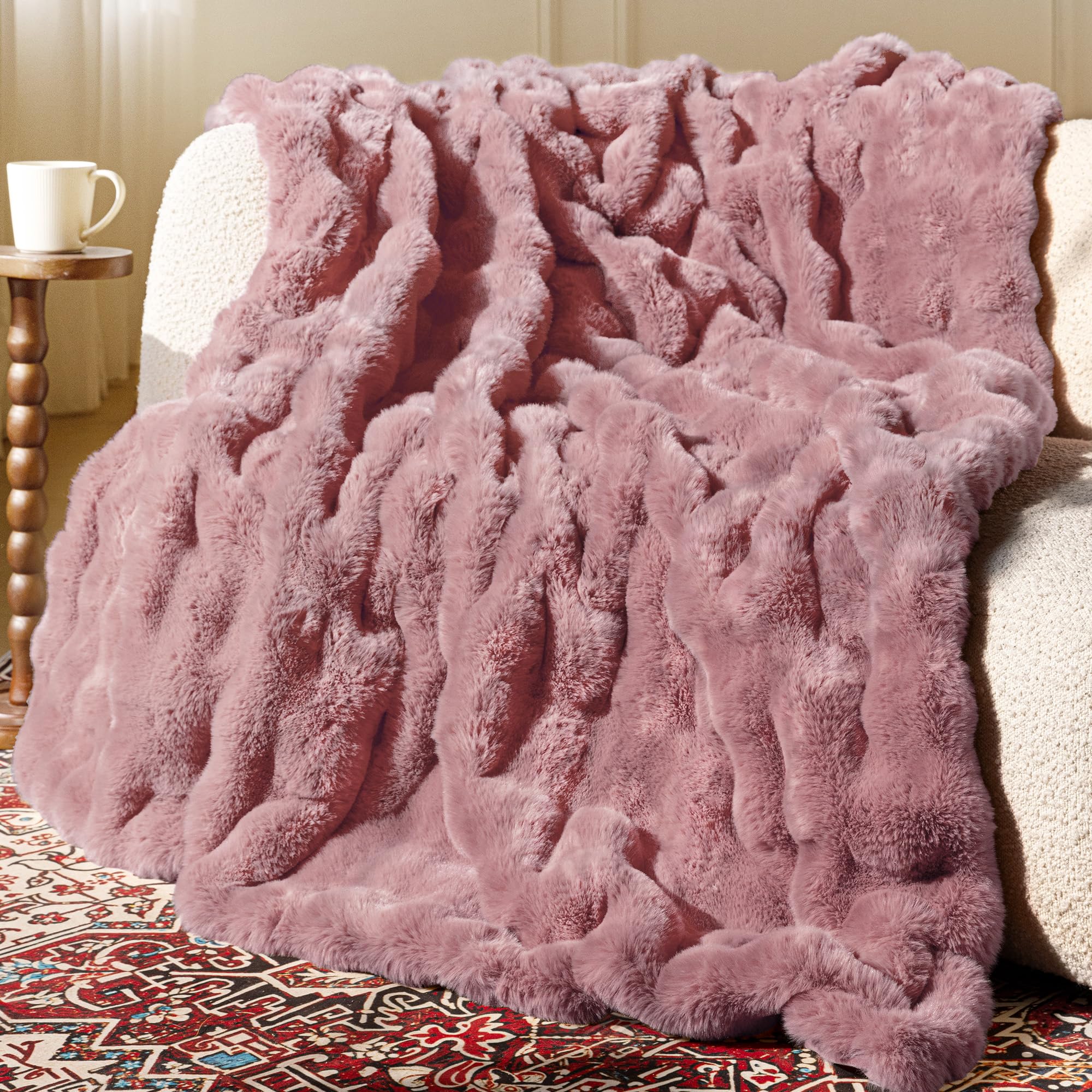 Ultra Soft Cozy Faux Fur Throw Blanket, Fuzzy Plush Thick Bubble Blanket, Oversize Luxury Fluffy Blanket for Couch, Sofa, Bedroom, and Living Room, 50x60 Inches, Light Brown