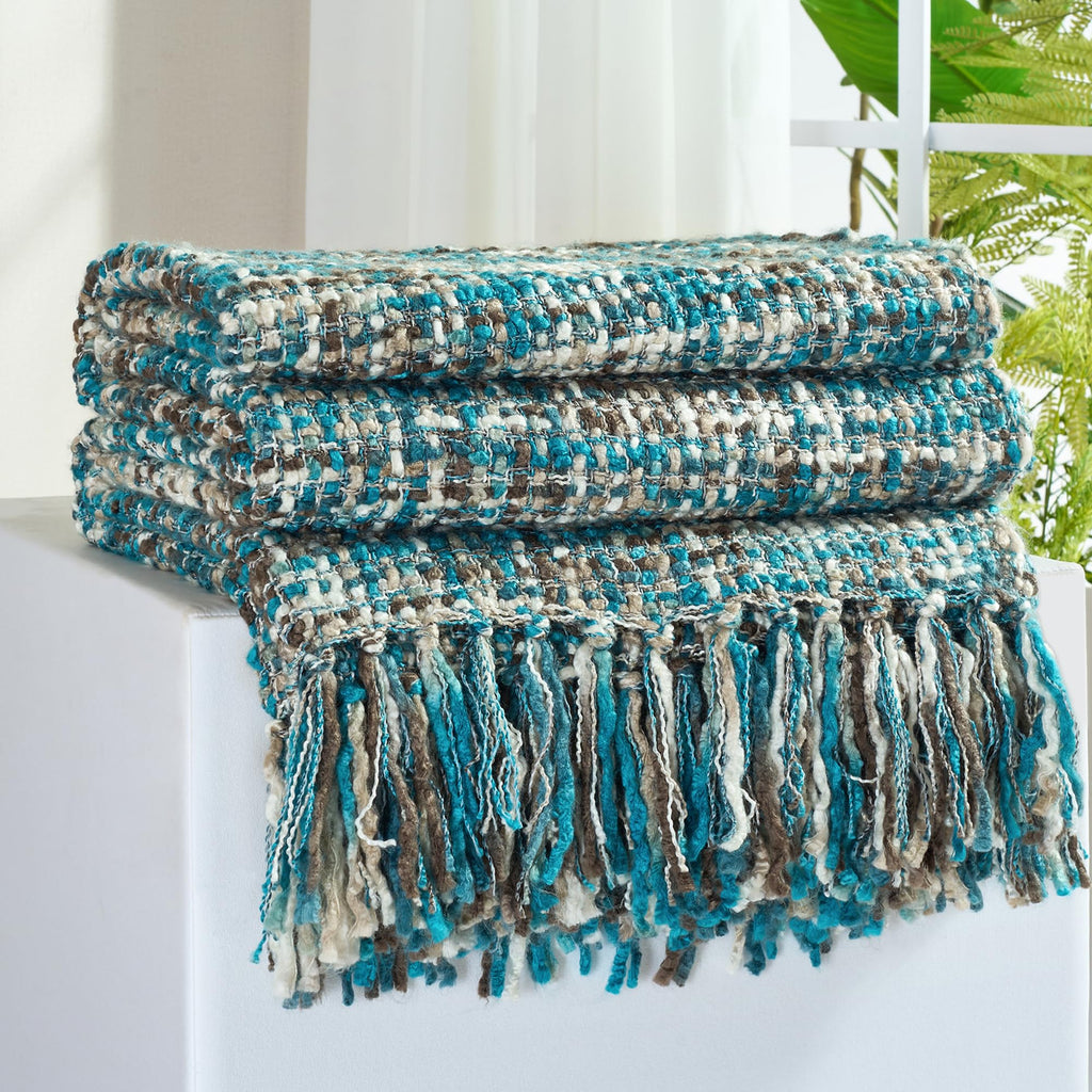 Multi-Color Green Cable Woven Throw Blanket for Couch,60"X80" Boho Style Textured Blankets for Home Decor,Super Soft Warm Cozy Chunky Blanket with Decorative Tassels for Bed and Sofa