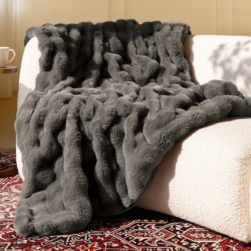 Ultra Soft Cozy Faux Fur Throw Blanket, Fuzzy Plush Thick Bubble Blanket, Oversize Luxury Fluffy Blanket for Couch, Sofa, Bedroom, and Living Room, 50x60 Inches, Light Brown