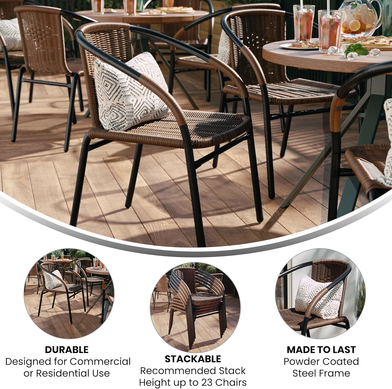 EMMA + OLIVER Set of 2 Modern PE Rattan Stack Chairs, Indoor/Outdoor Patio Dining Chairs, No Assembly Required, Brown