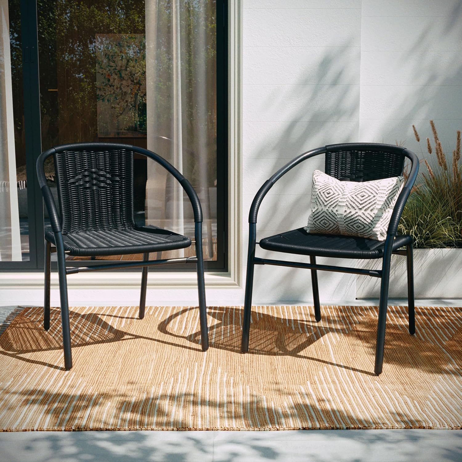 BizChair Set of 2 Commercial Grade Black Rattan Indoor-Outdoor Restaurant Stack Chairs