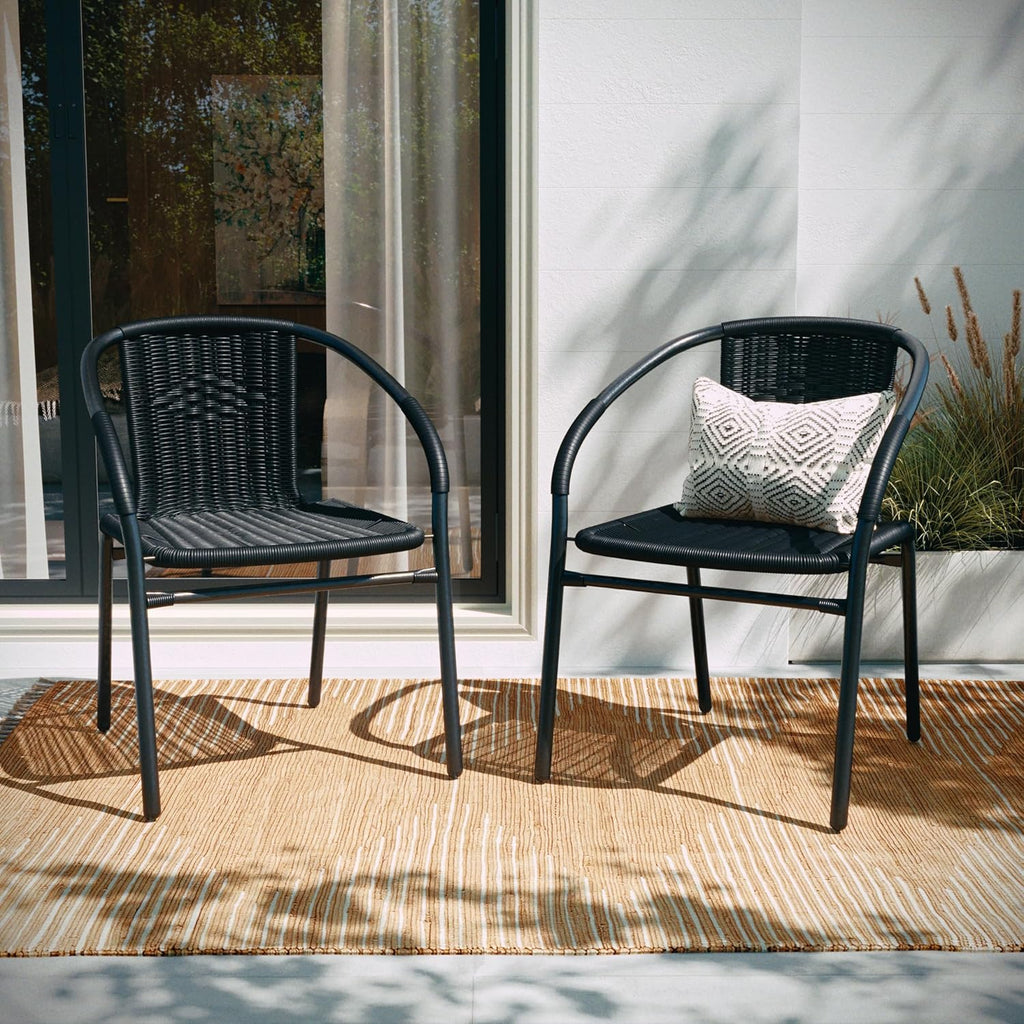 BizChair Set of 2 Commercial Grade Black Rattan Indoor-Outdoor Restaurant Stack Chairs