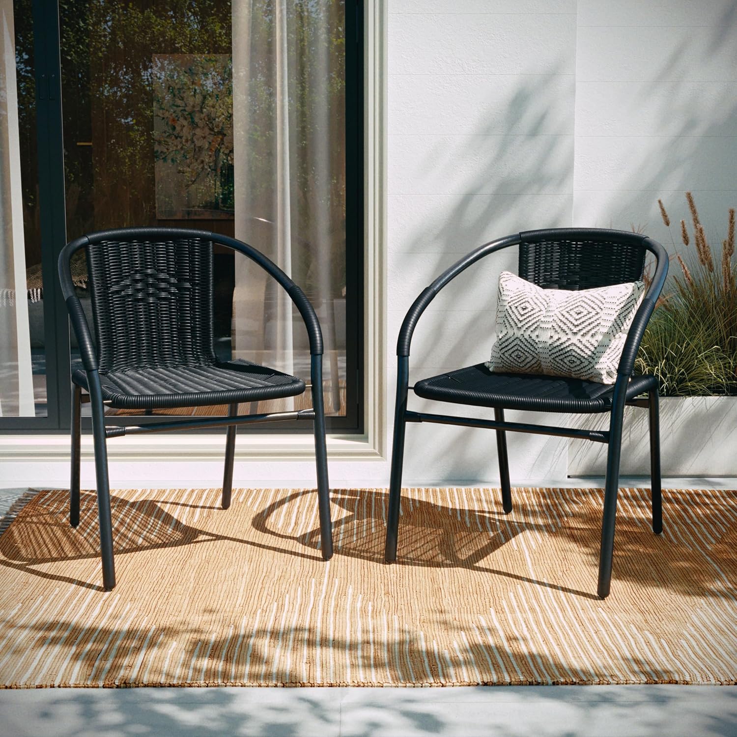 BizChair Set of 2 Commercial Grade Black Rattan Indoor-Outdoor Restaurant Stack Chairs