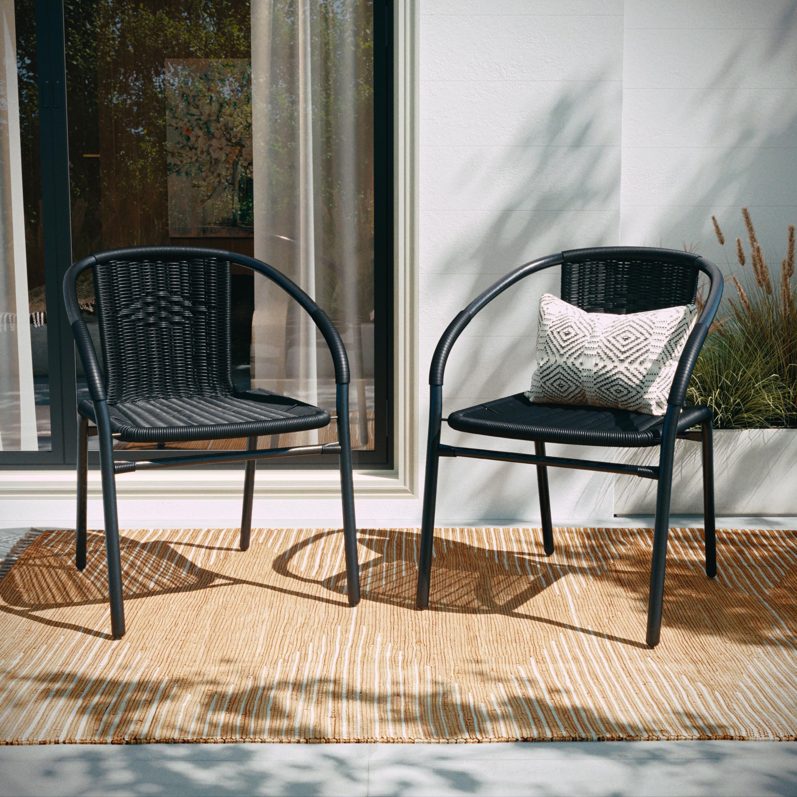 BizChair Set of 2 Commercial Grade Black Rattan Indoor-Outdoor Restaurant Stack Chairs
