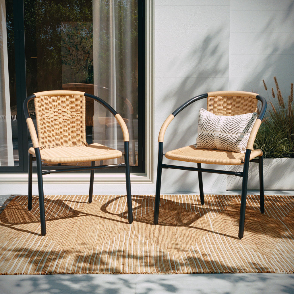 BizChair Set of 2 Commercial Grade Black Rattan Indoor-Outdoor Restaurant Stack Chairs
